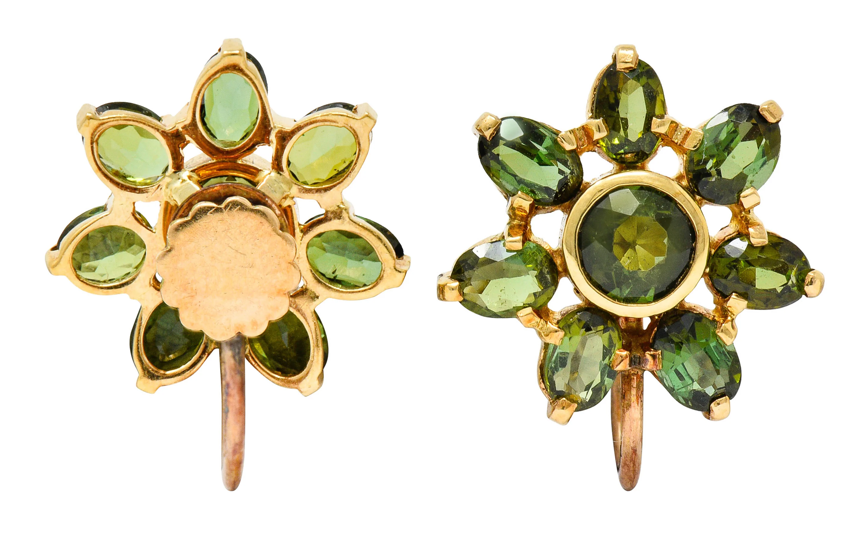 Tiffany & Co. Retro Green Tourmaline 14 Karat Gold Flower Screwback Earrings - Image 6
