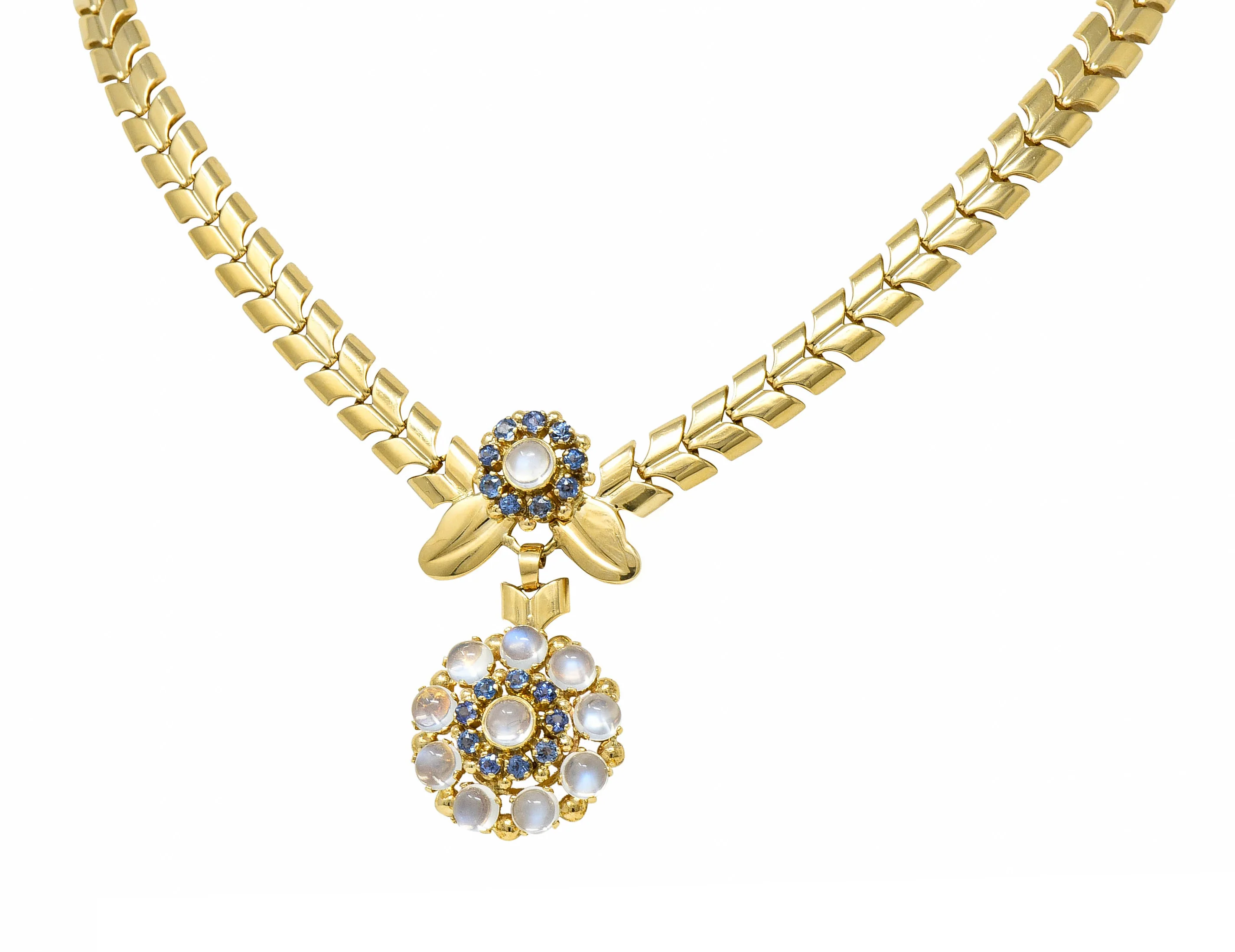 Tiffany & Co. Retro Moonstone Sapphire 14 Karat Gold Floral Cluster Necklace - Image 10