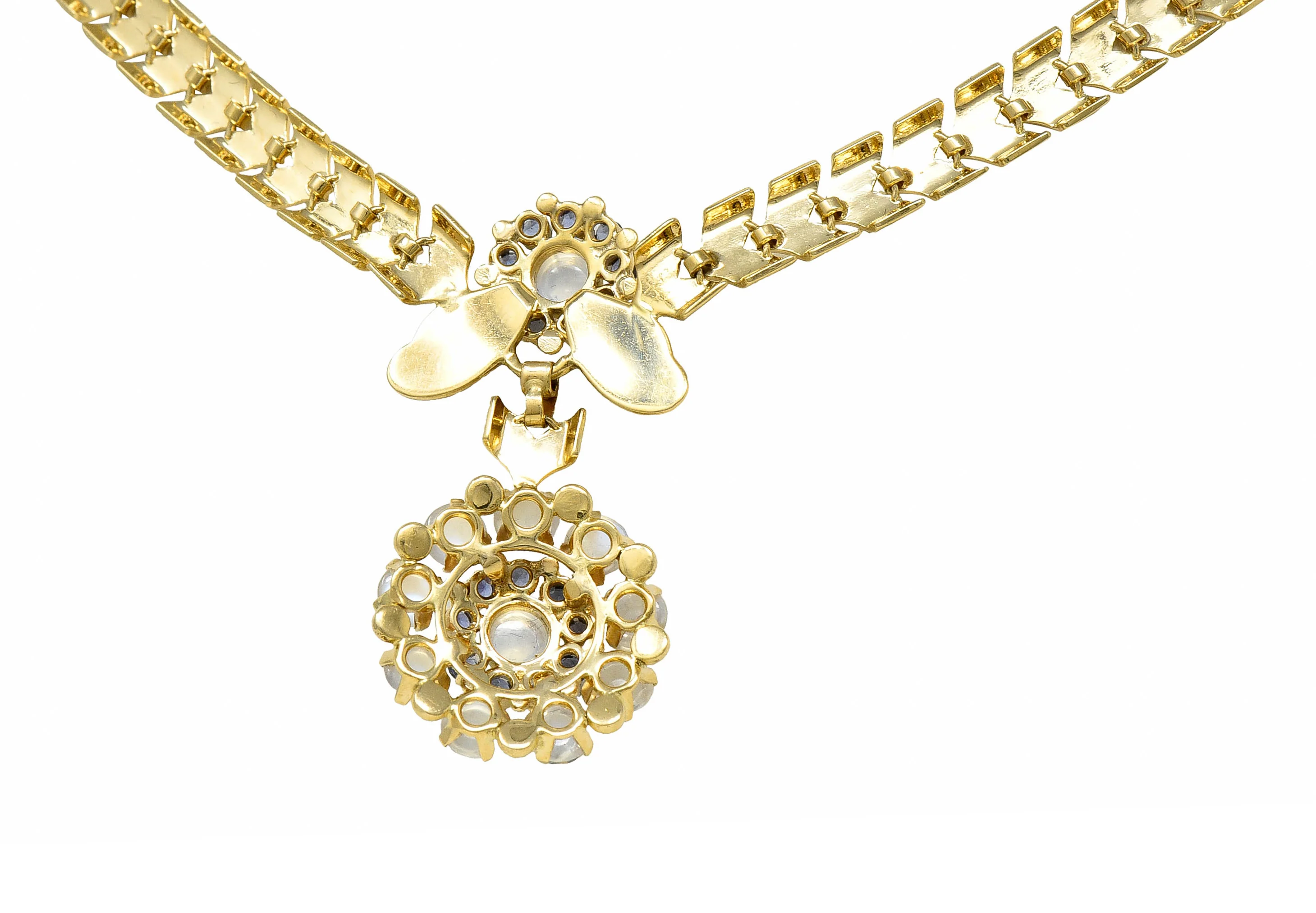 Tiffany & Co. Retro Moonstone Sapphire 14 Karat Gold Floral Cluster Necklace - Image 4