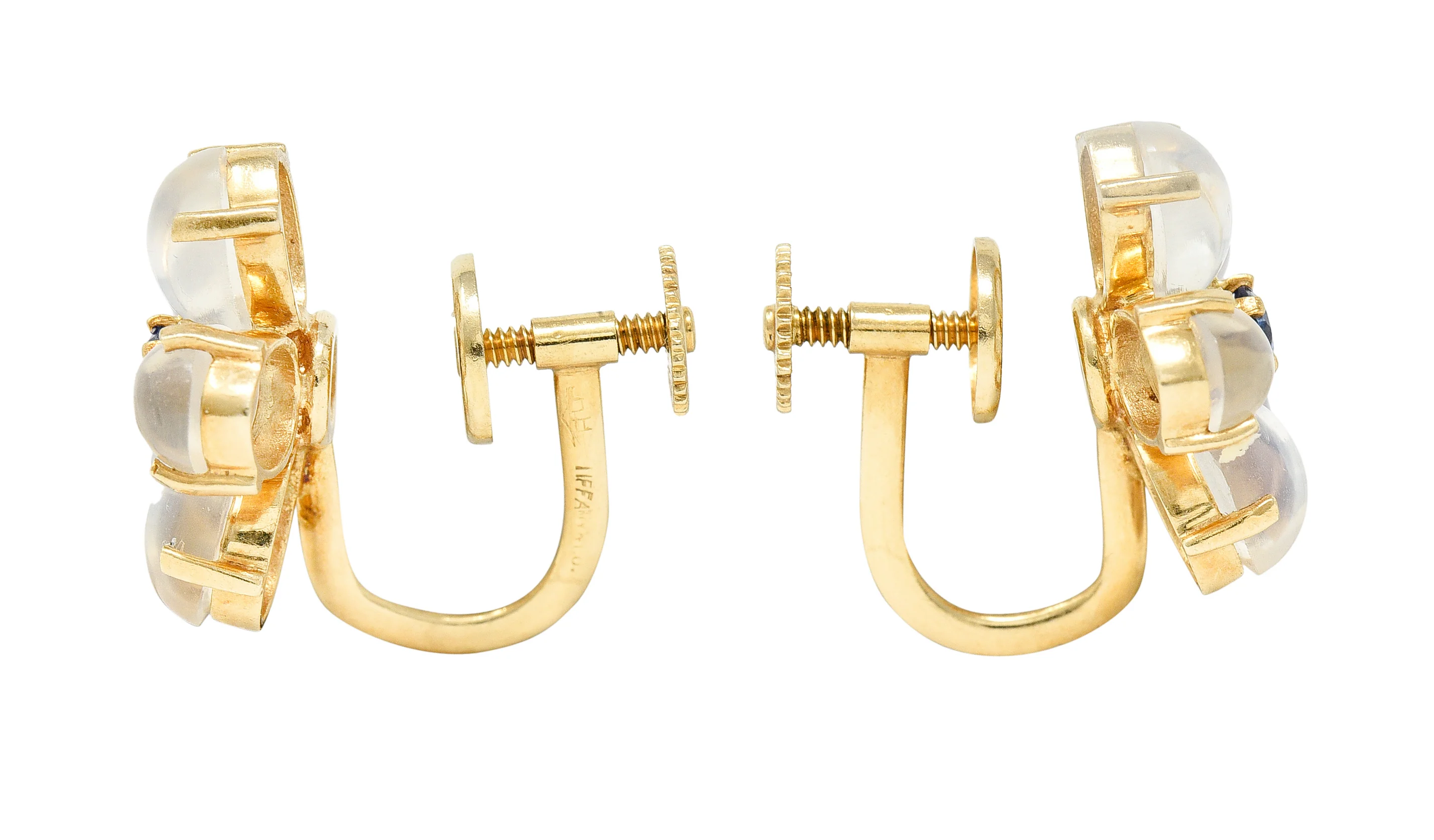 Tiffany & Co. Retro Sapphire Moonstone 14 Karat Gold Flower Screwback Earrings - Image 2