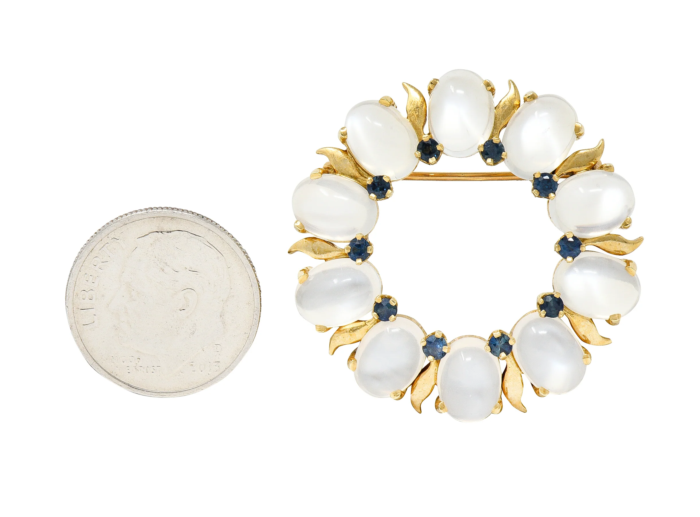 Tiffany & Co. Retro Sapphire Moonstone 14 Karat Gold Wreath Brooch - Image 10