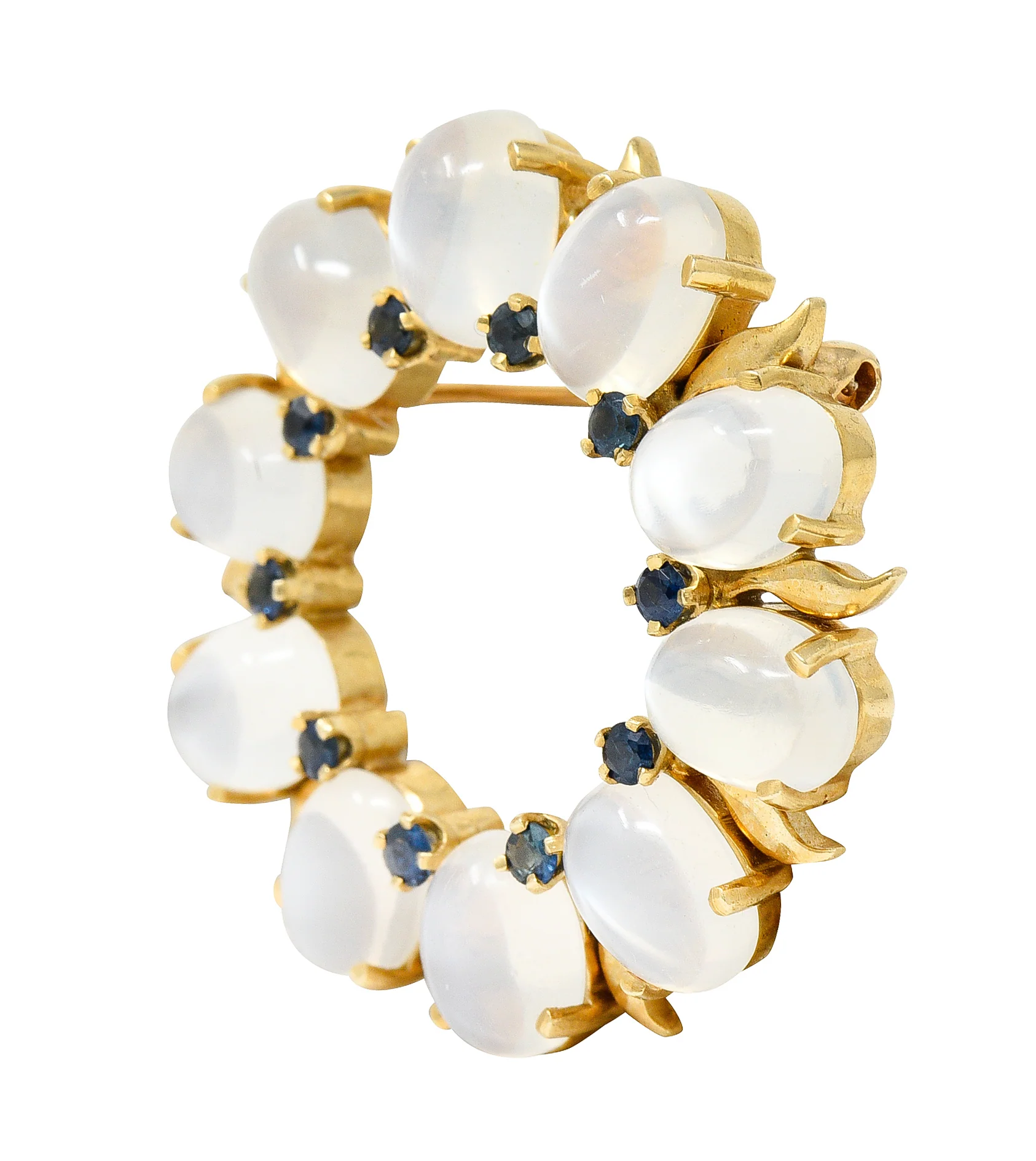 Tiffany & Co. Retro Sapphire Moonstone 14 Karat Gold Wreath Brooch - Image 2