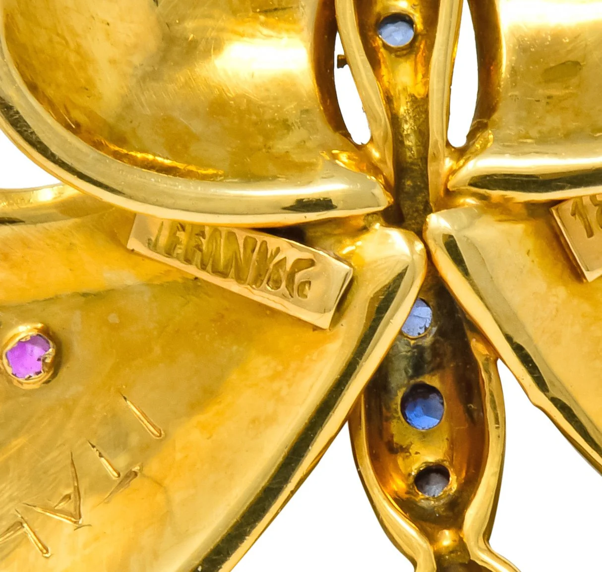 Tiffany & Co. Sapphire Ruby 18 Karat Green Gold Butterfly Brooch - Image 8