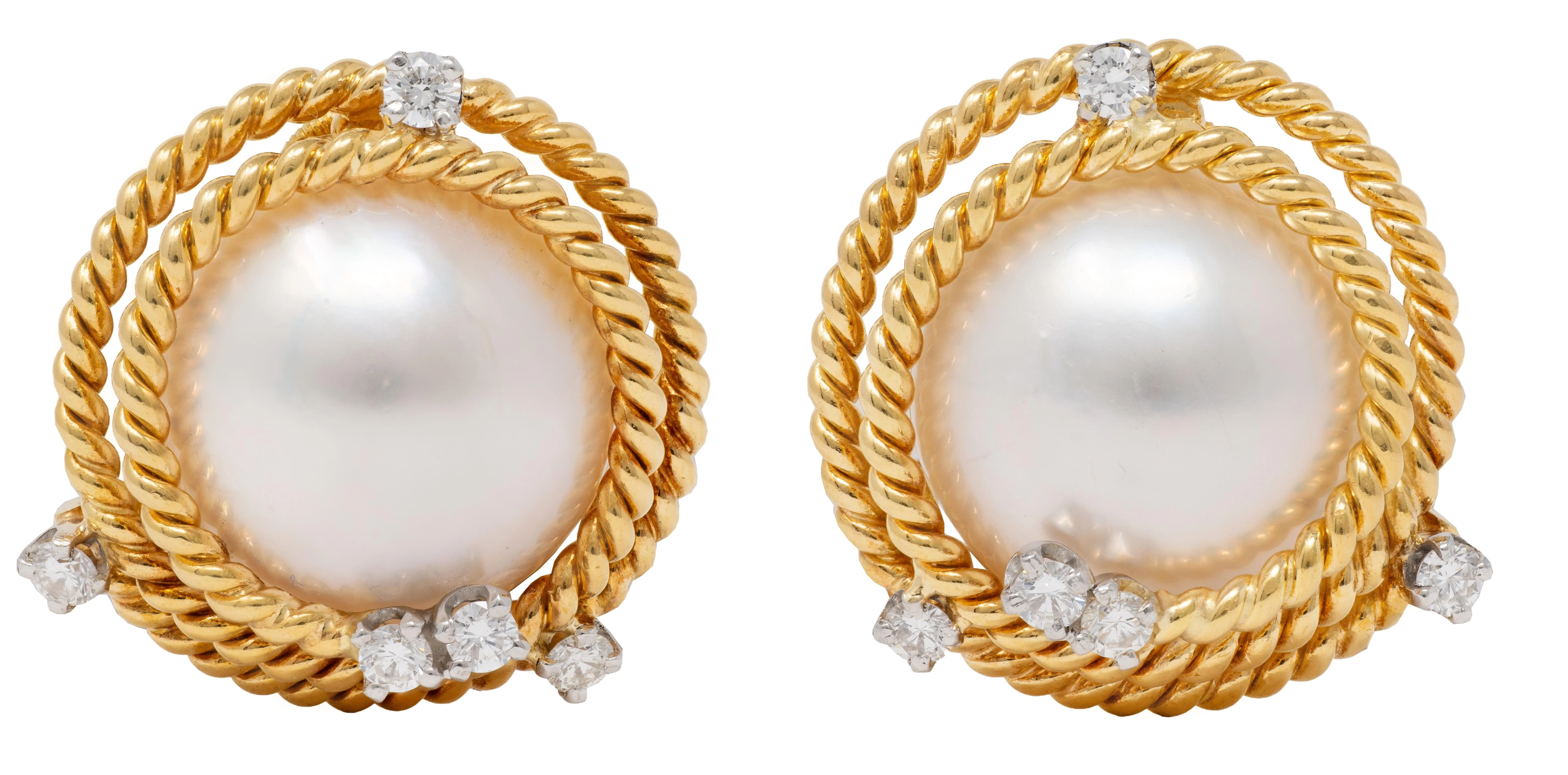 Tiffany & Co. Schlumberger 1960's Pearl Diamond 18 Karat Yellow Gold Platinum Vintage Swirl Earrings