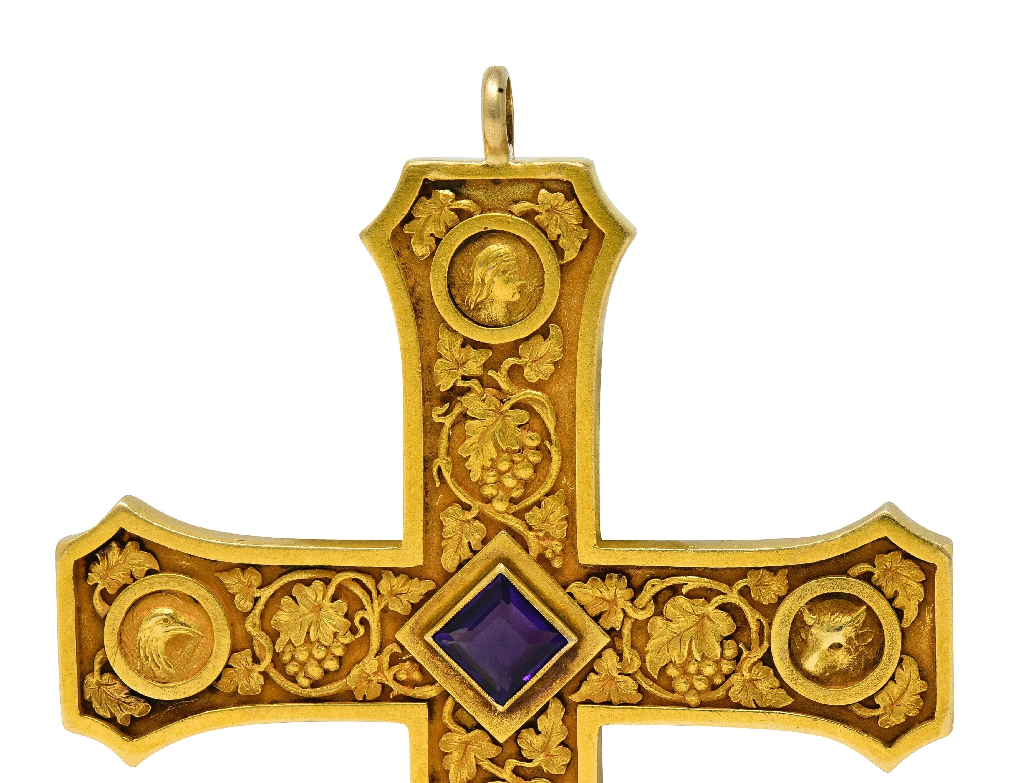 Tiffany & Co. Substantial 1923 Amethyst 18 Karat Yellow Gold Antique Commemorative Bishops Cross Pendant - Image 5