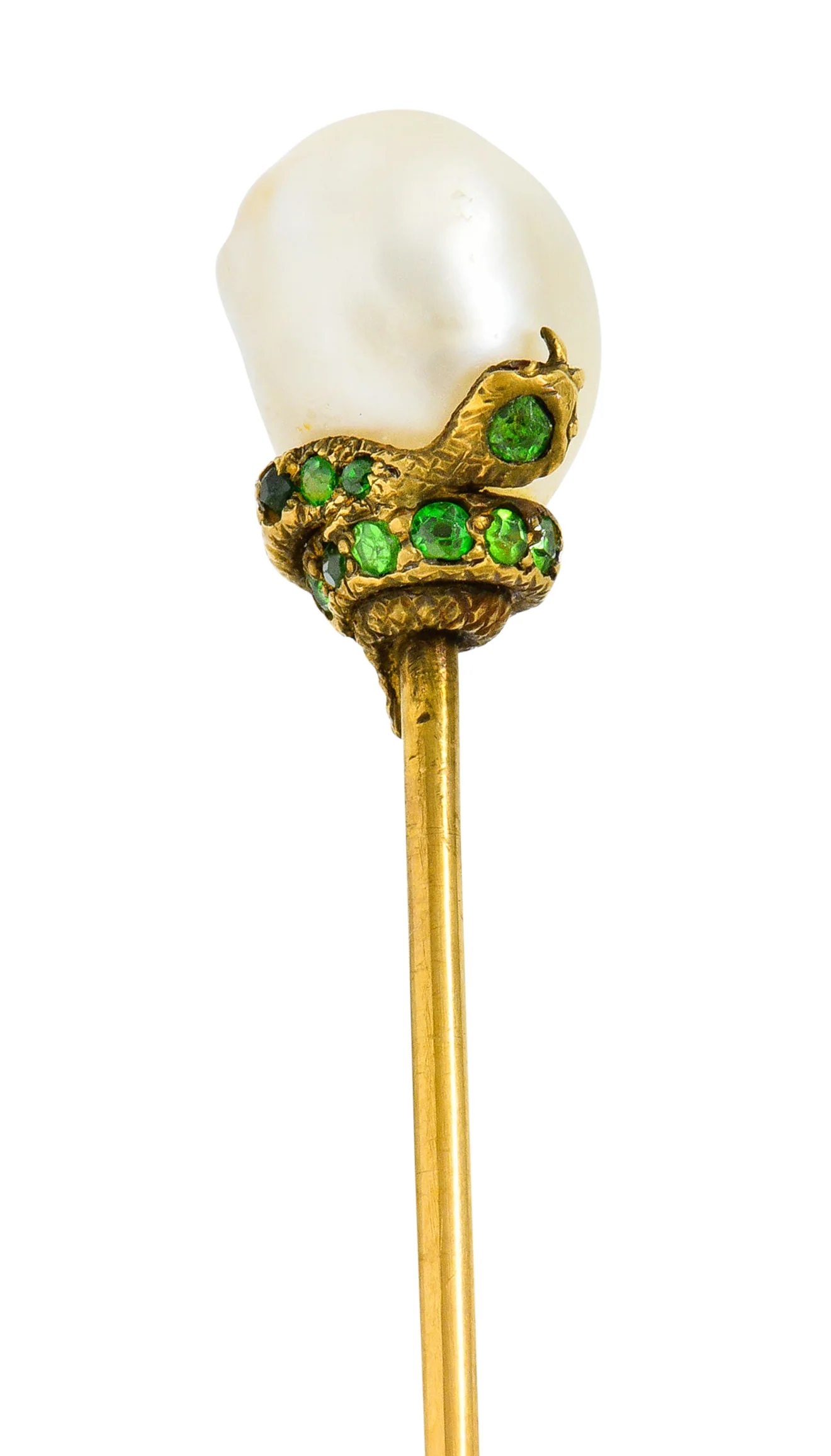 Tiffany & Co. Victorian Baroque Pearl Demantoid Garnet 14 Karat Gold Snake Stickpin - Image 3