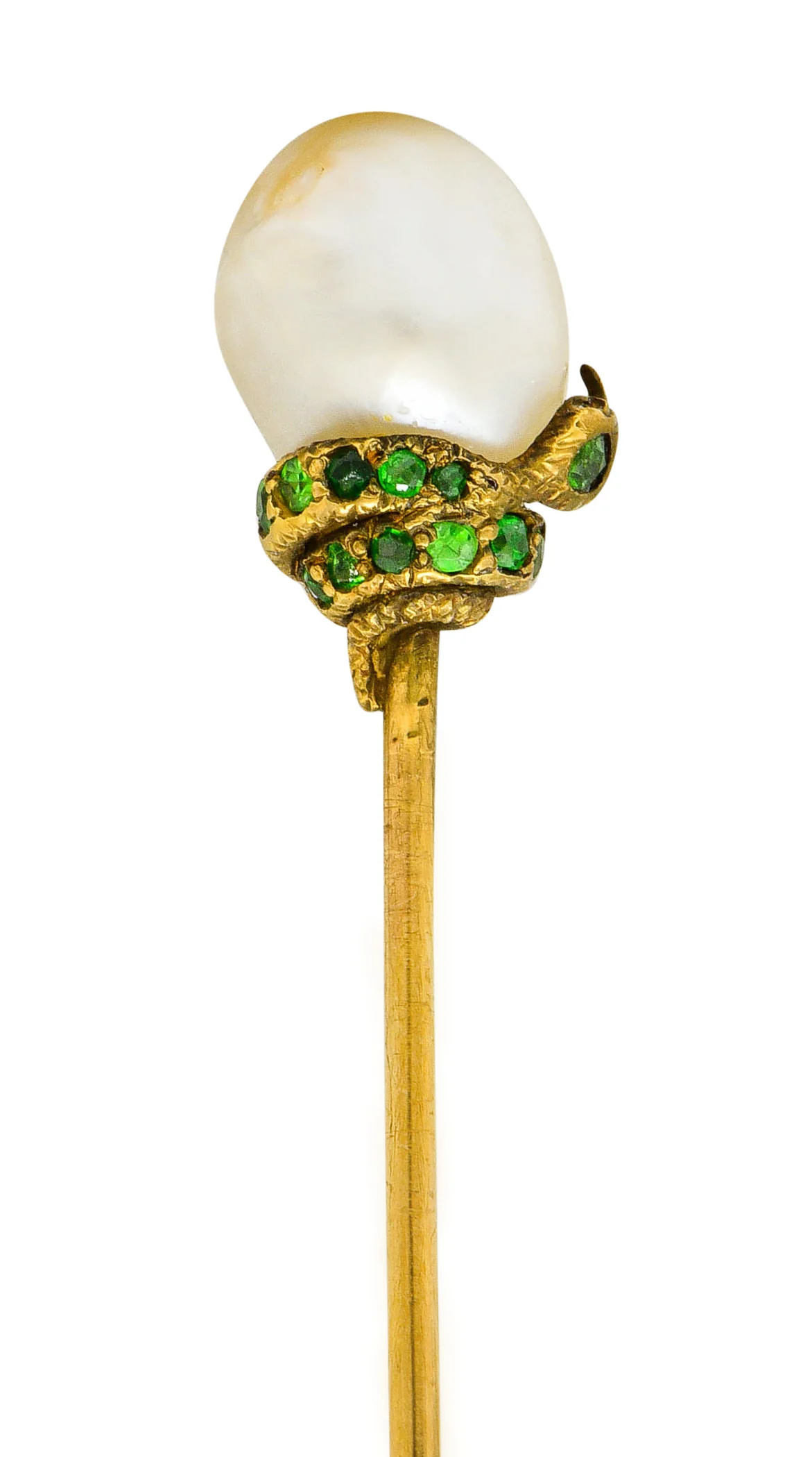 Tiffany & Co. Victorian Baroque Pearl Demantoid Garnet 14 Karat Gold Snake Stickpin - Image 4