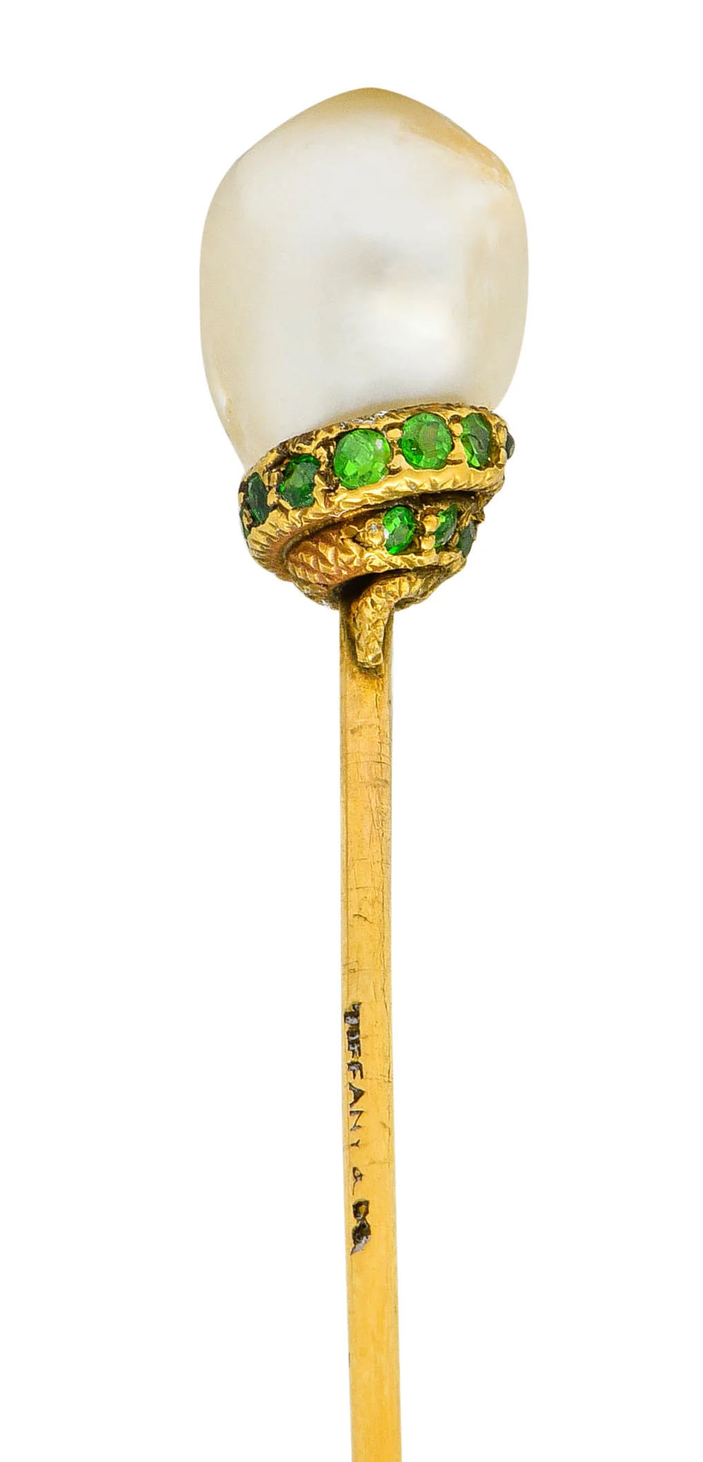 Tiffany & Co. Victorian Baroque Pearl Demantoid Garnet 14 Karat Gold Snake Stickpin - Image 5