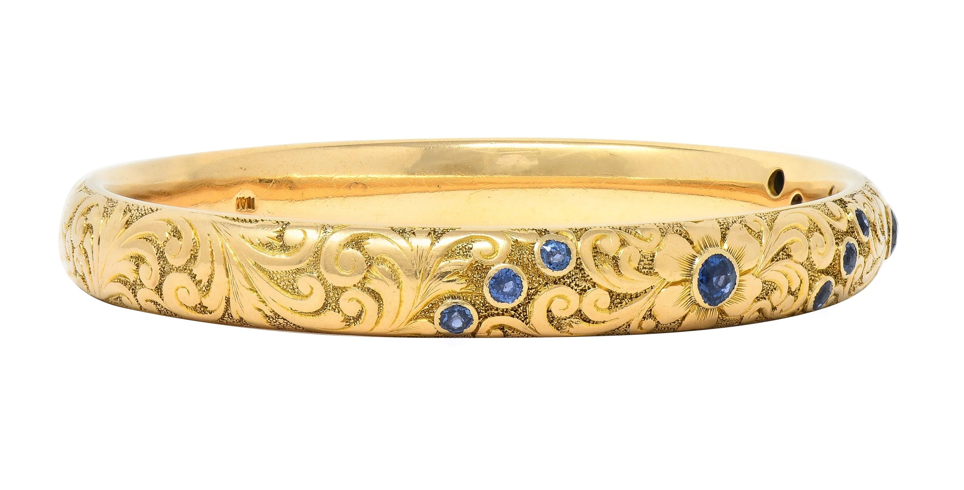 Tiffany & Co. Victorian Blue Sapphire 14 Karat Yellow Gold Floral Antique Bangle Bracelet - Image 4