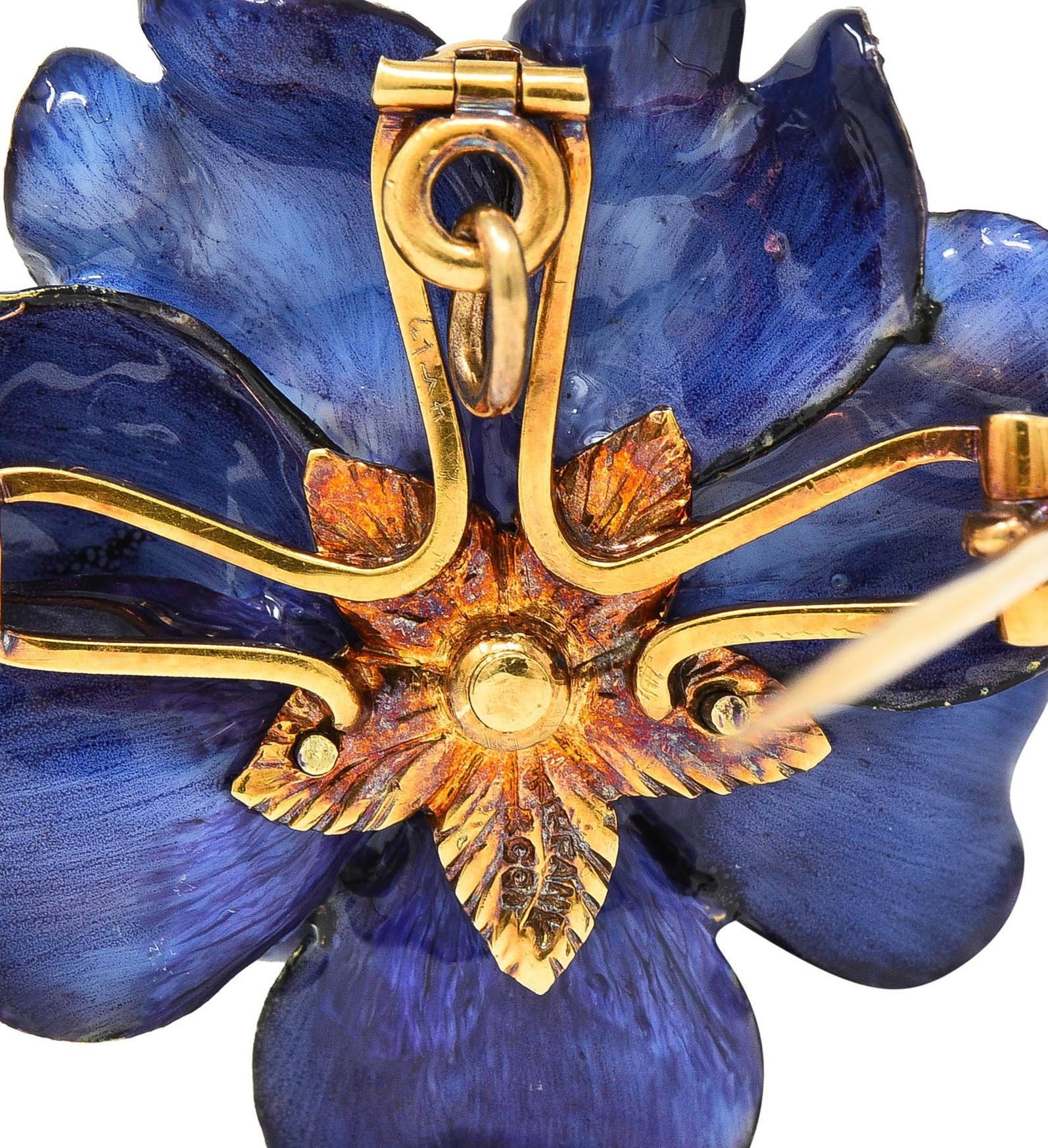 Tiffany & Co. Victorian Diamond Enamel 18K Gold Platinum Antique Gardenia Flower Pendant Brooch - Image 10