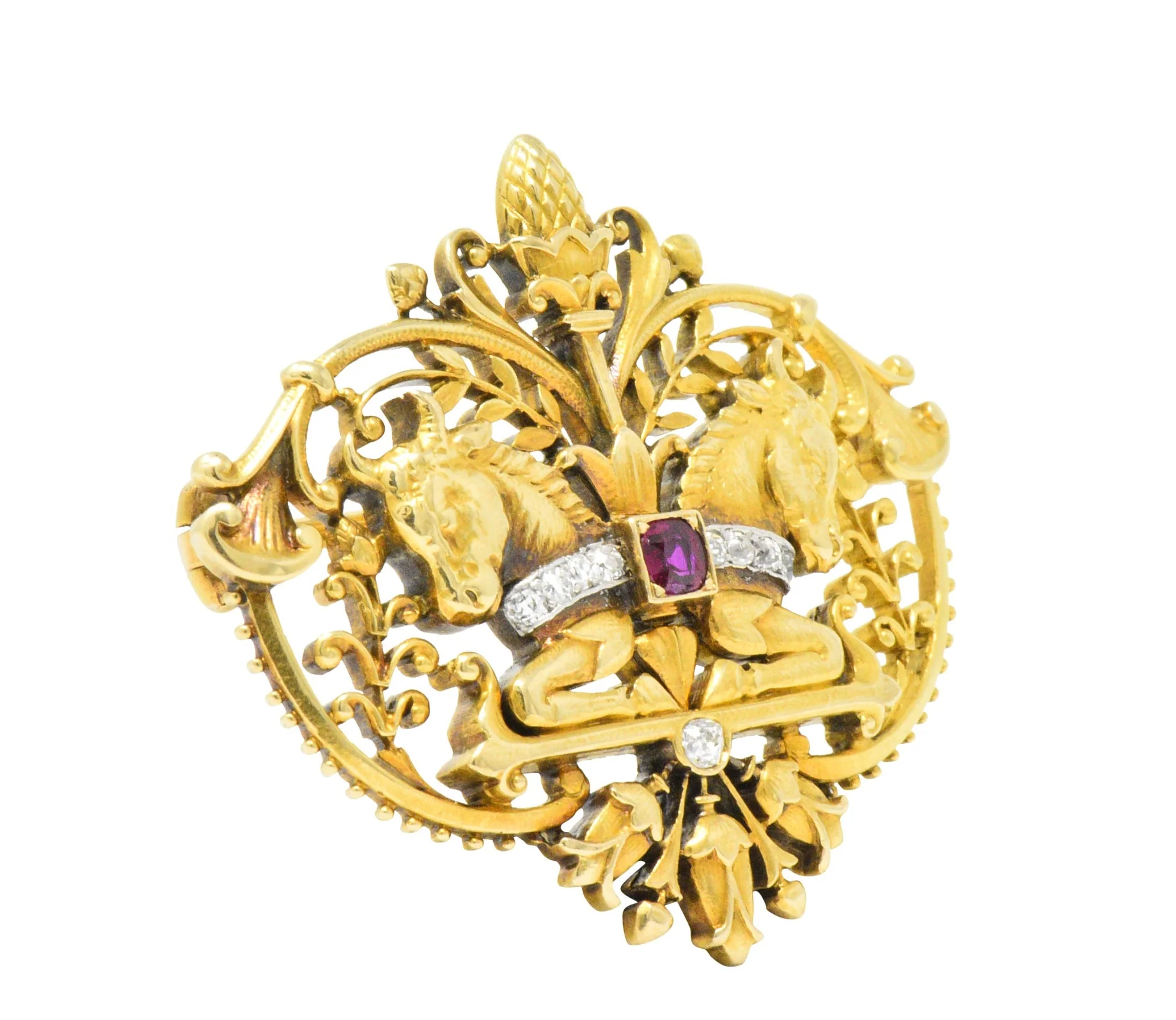Tiffany & Co. Victorian Diamond Ruby Horse 18 Karat Yellow Gold Brooch - Image 3