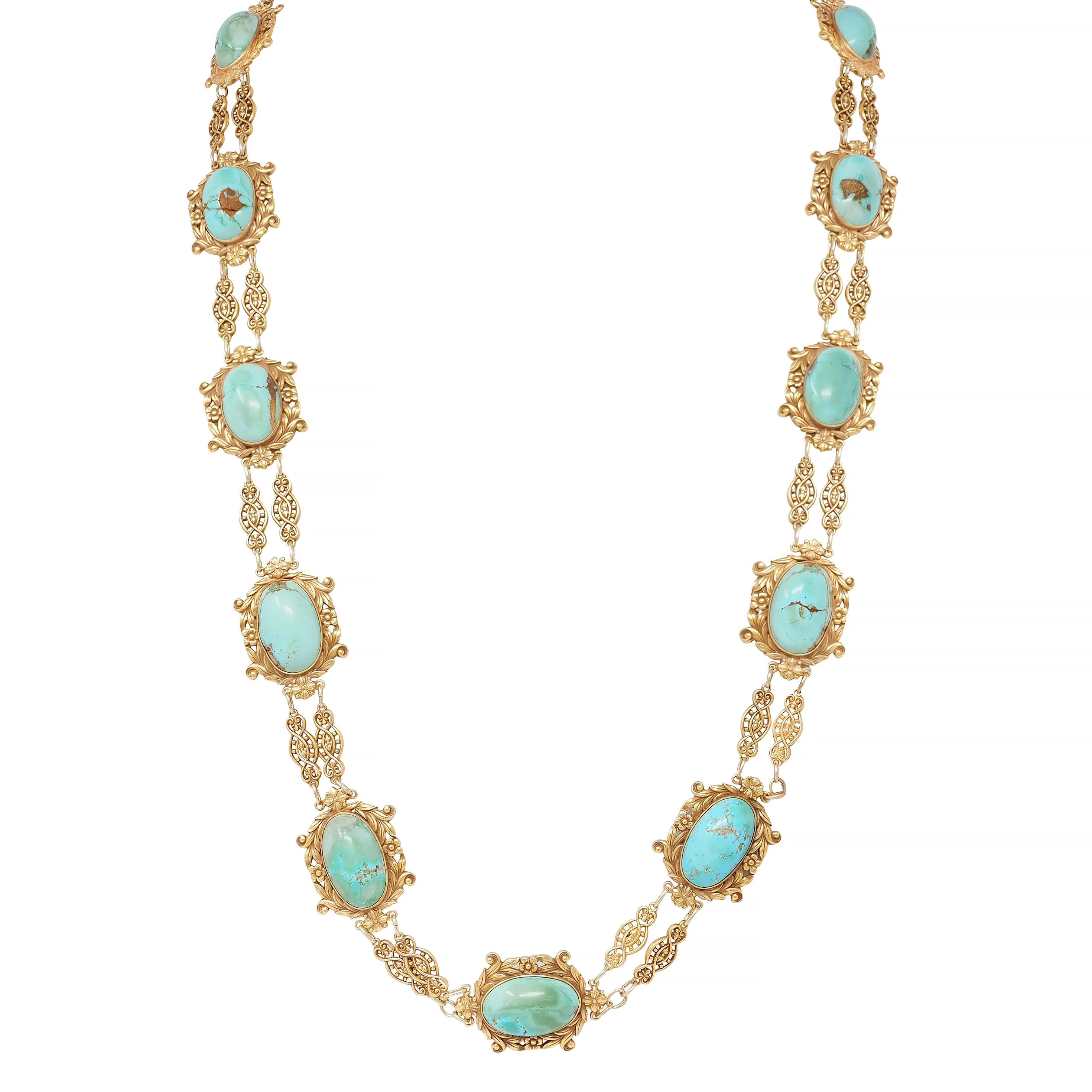 Tiffany & Co. Victorian Turquoise 18 Karat Yellow Gold Antique Floral Station Chain Necklace