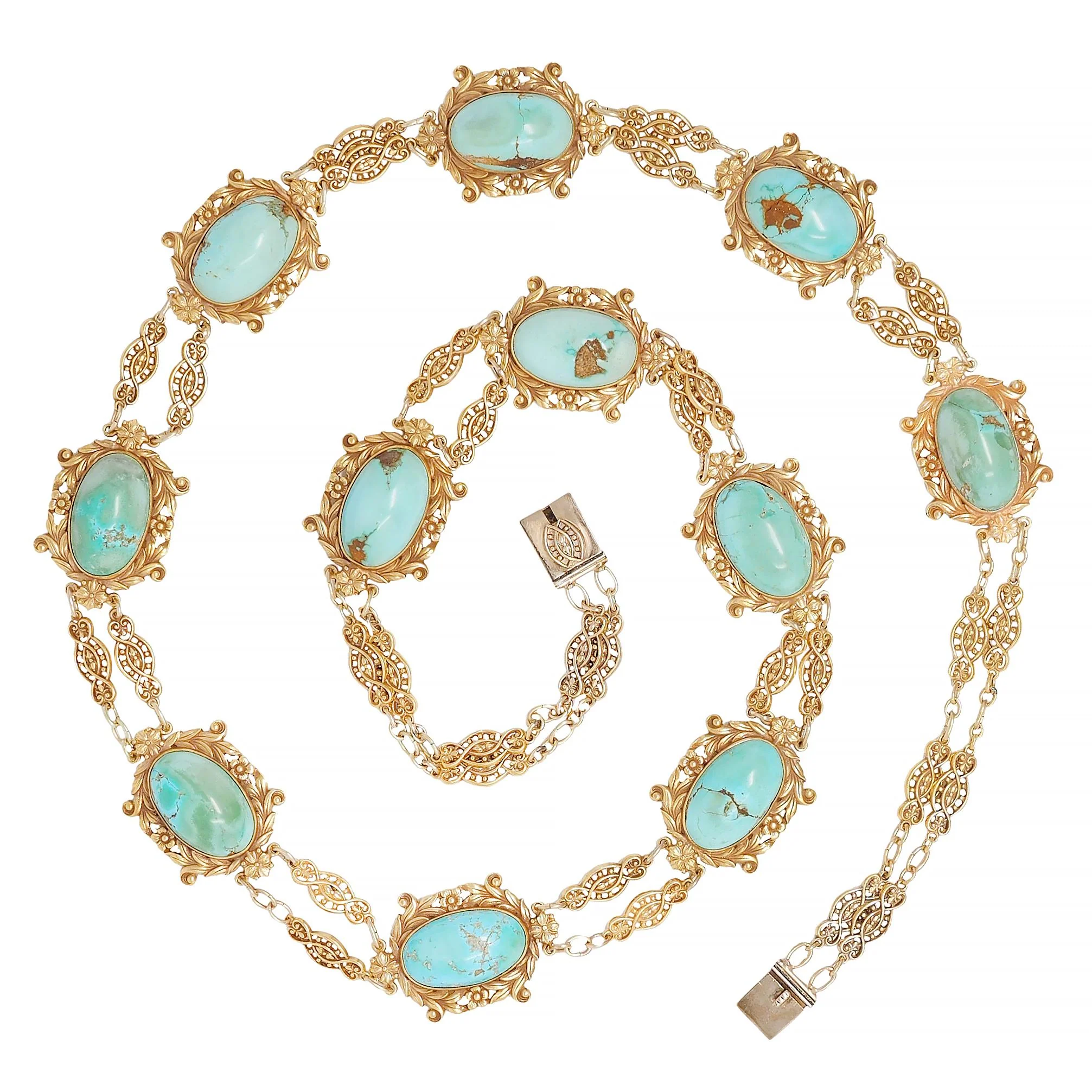 Tiffany & Co. Victorian Turquoise 18 Karat Yellow Gold Antique Floral Station Chain Necklace - Image 3