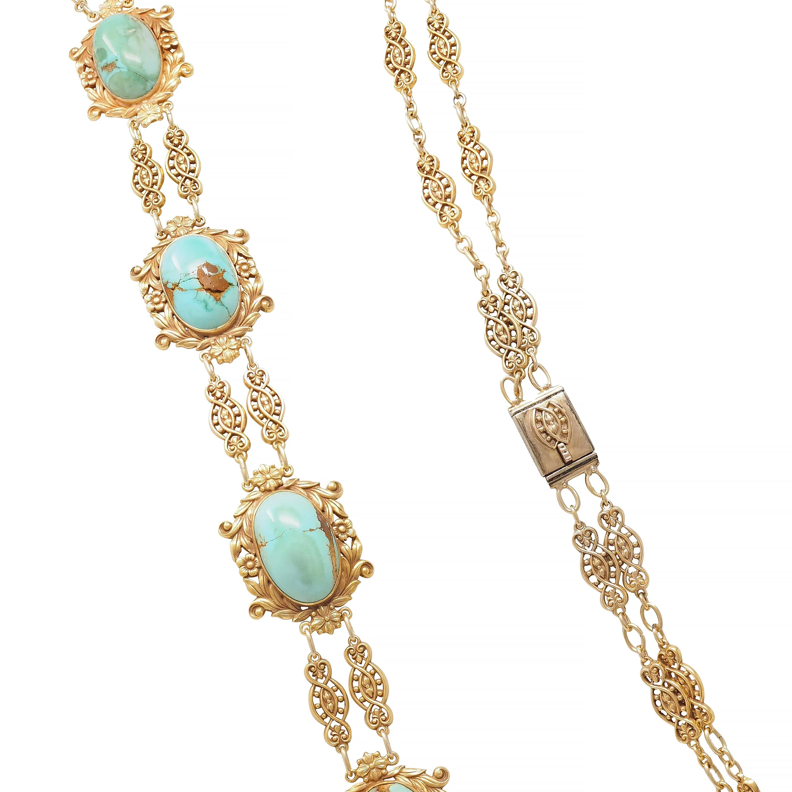 Tiffany & Co. Victorian Turquoise 18 Karat Yellow Gold Antique Floral Station Chain Necklace - Image 7