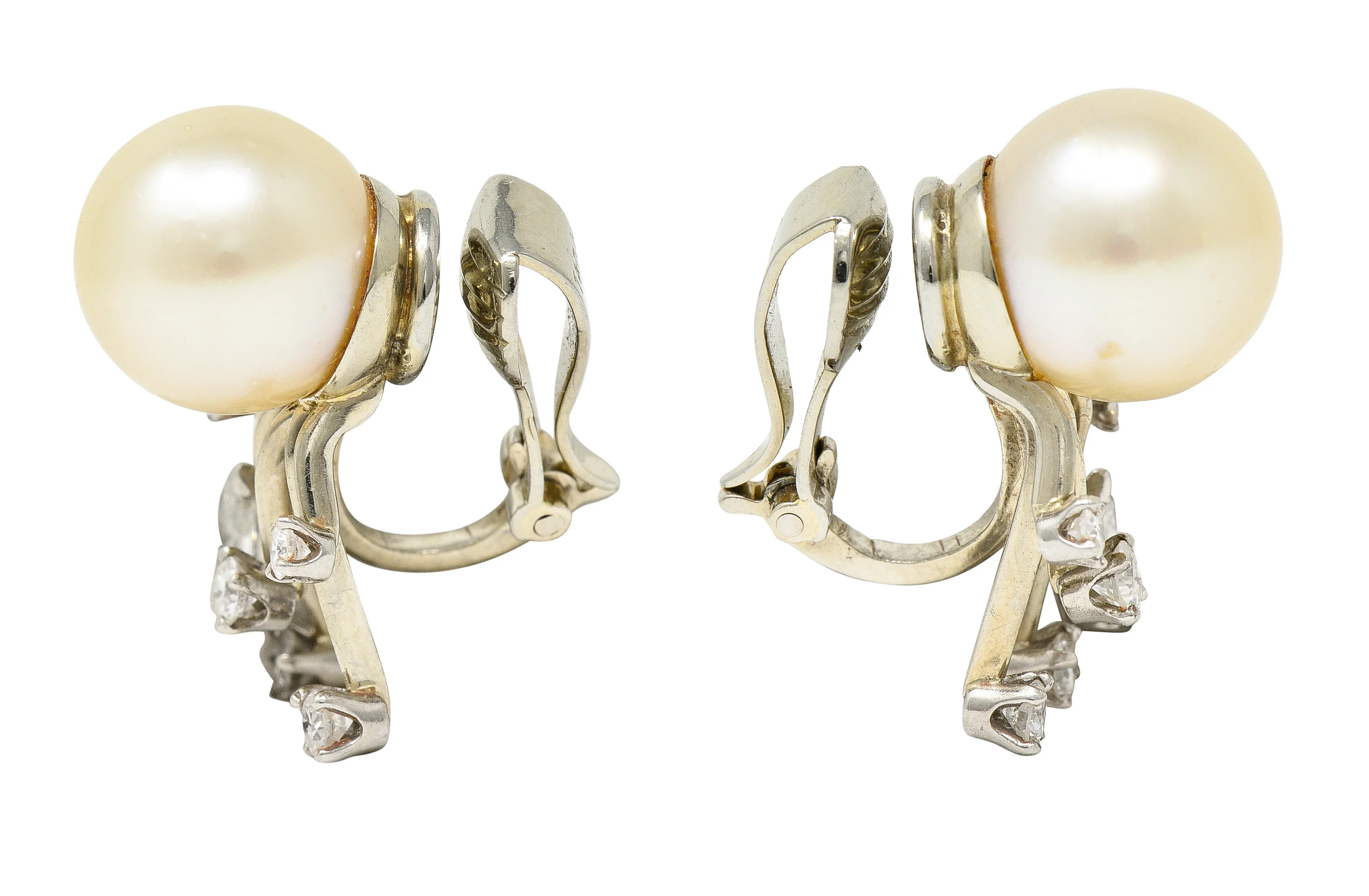 Trabert & Hoeffer Mid-Century Diamond South Sea Pearl Platinum Burst Vintage Ear-Clip Earrings - Image 2