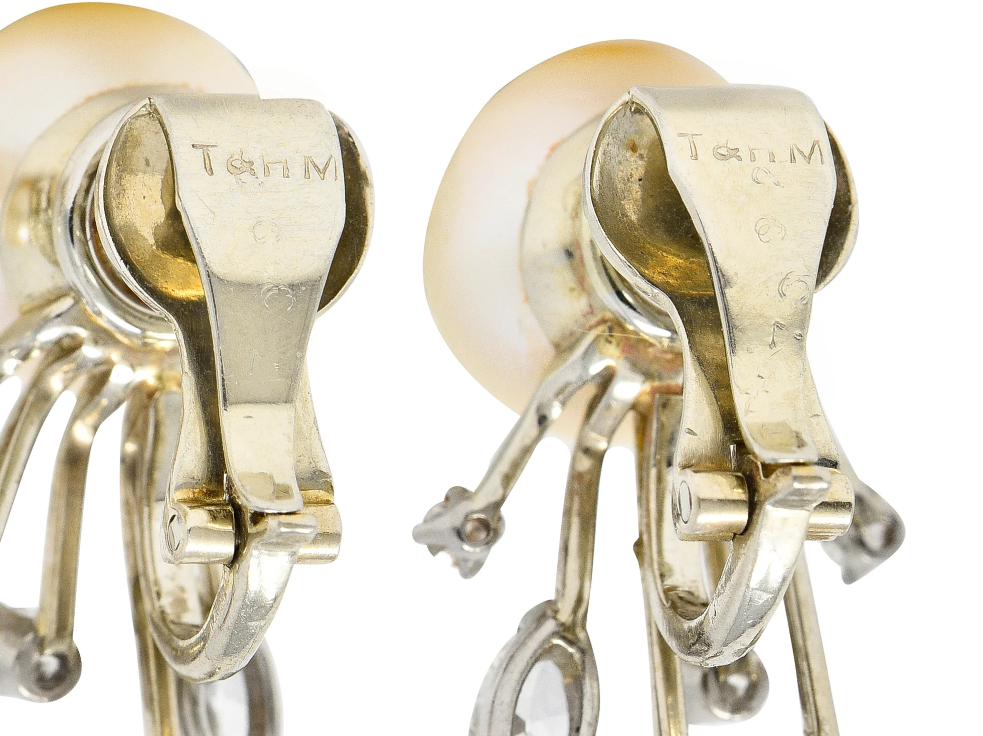 Trabert & Hoeffer Mid-Century Diamond South Sea Pearl Platinum Burst Vintage Ear-Clip Earrings - Image 5