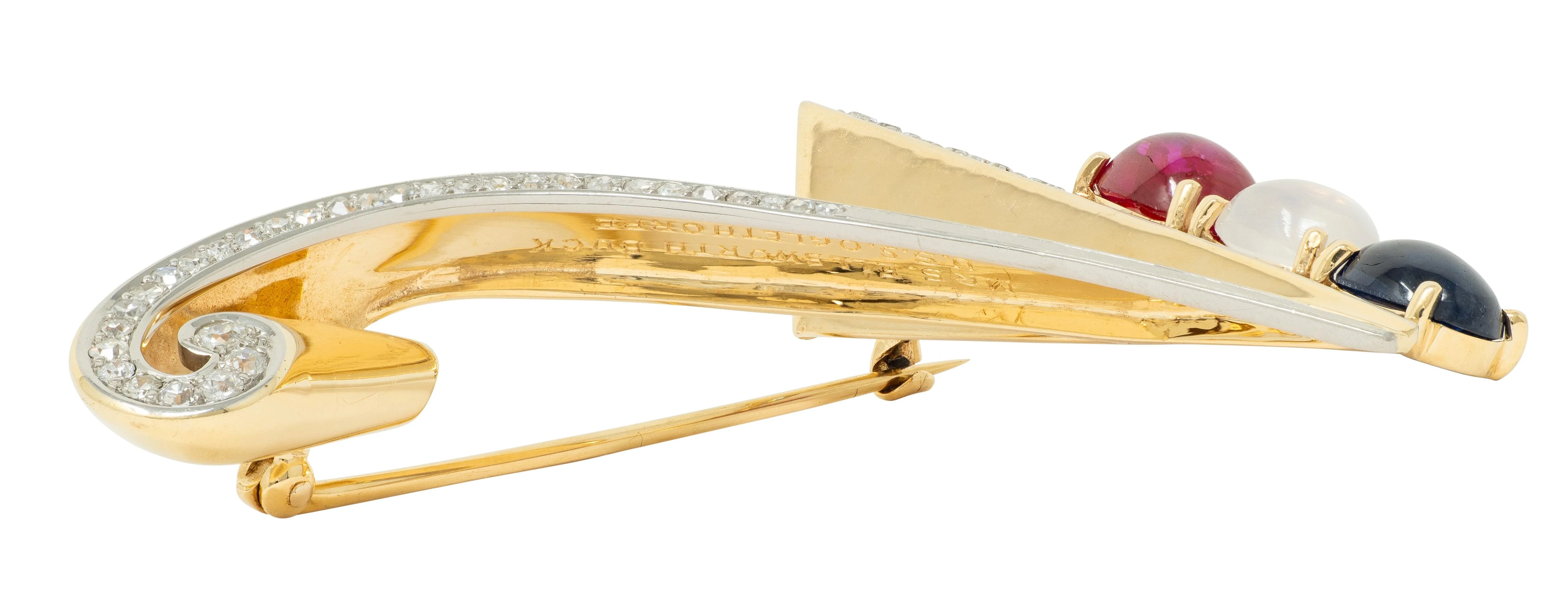 Traebert & Hoeffer Mauboussin 1945 Diamond Multi-Gem 14 Karat Gold Vintage Victory Brooch - Image 8
