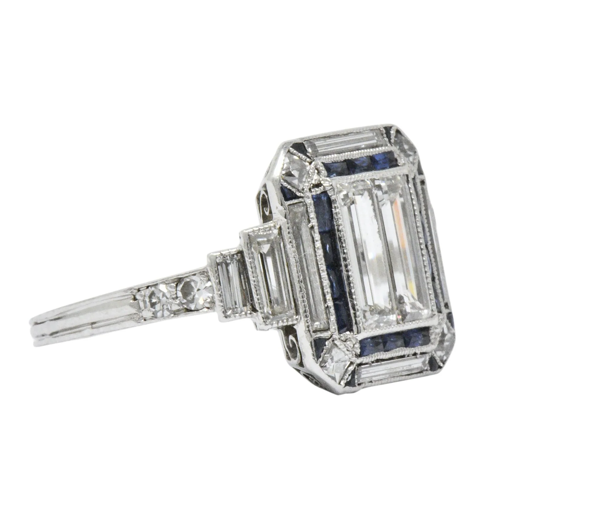 Unique Art Deco 2.90 CTW Diamond Sapphire Platinum Engagement Ring - Image 4
