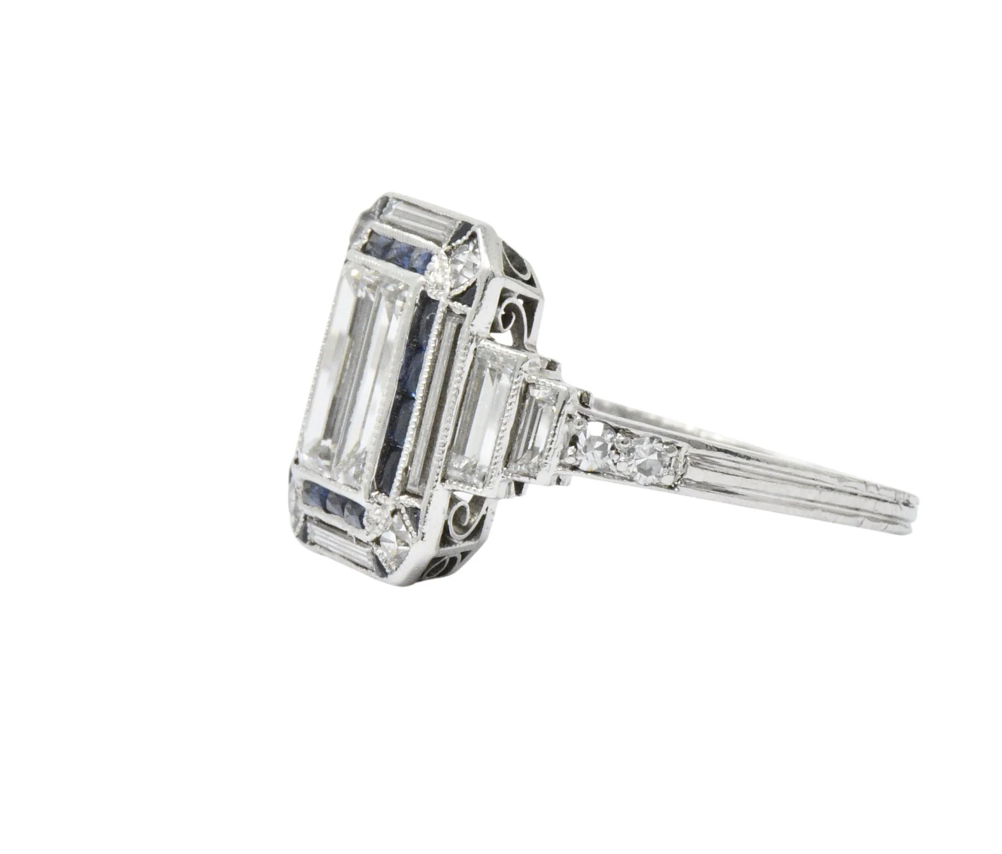 Unique Art Deco 2.90 CTW Diamond Sapphire Platinum Engagement Ring - Image 5