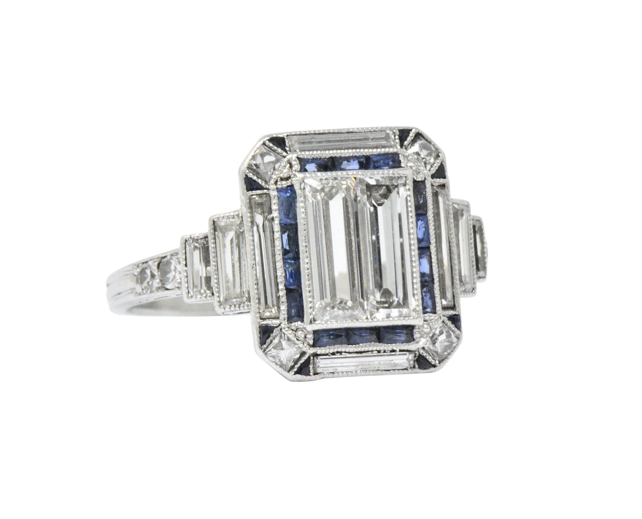 Unique Art Deco 2.90 CTW Diamond Sapphire Platinum Engagement Ring - Image 7