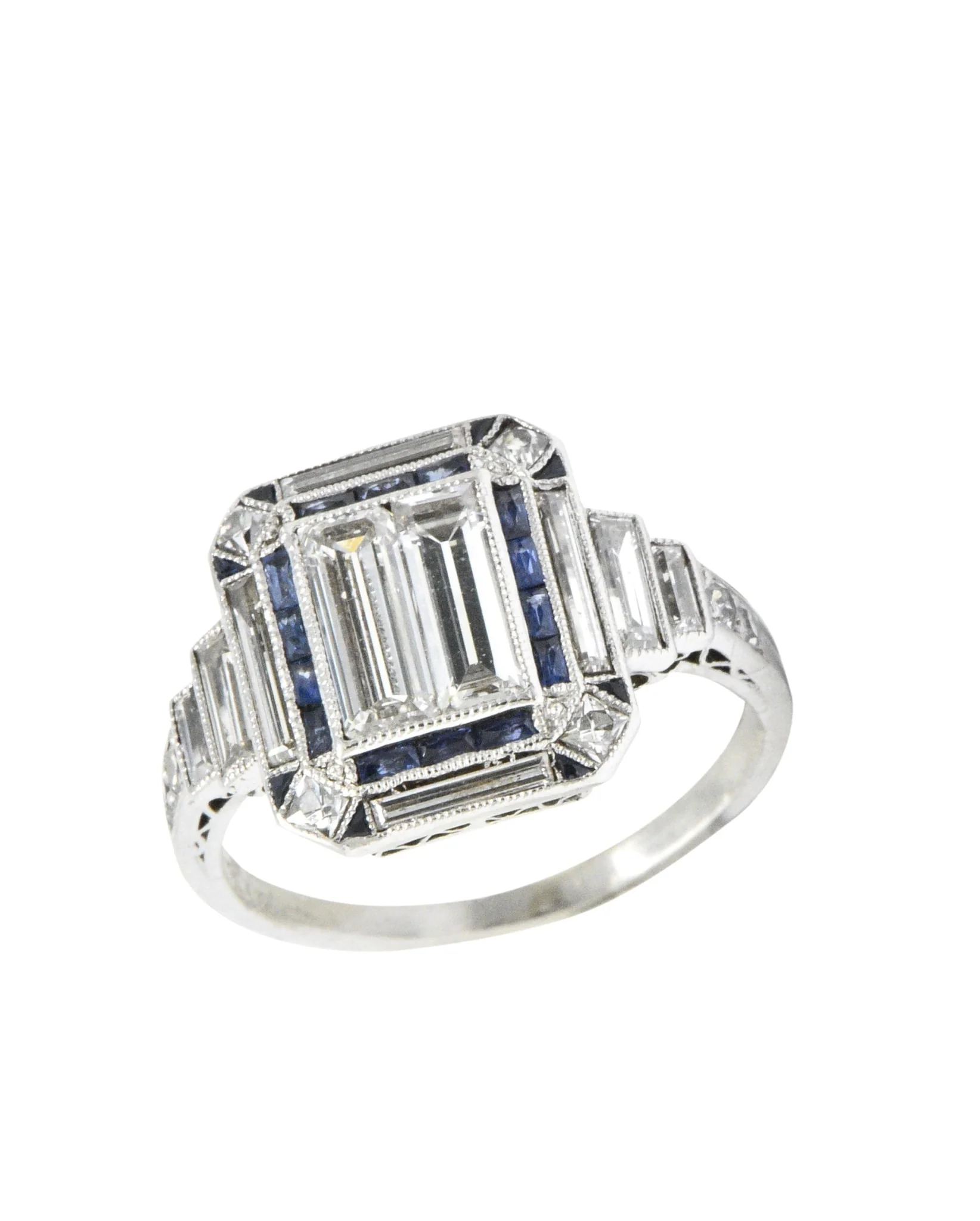Unique Art Deco 2.90 CTW Diamond Sapphire Platinum Engagement Ring - Image 8