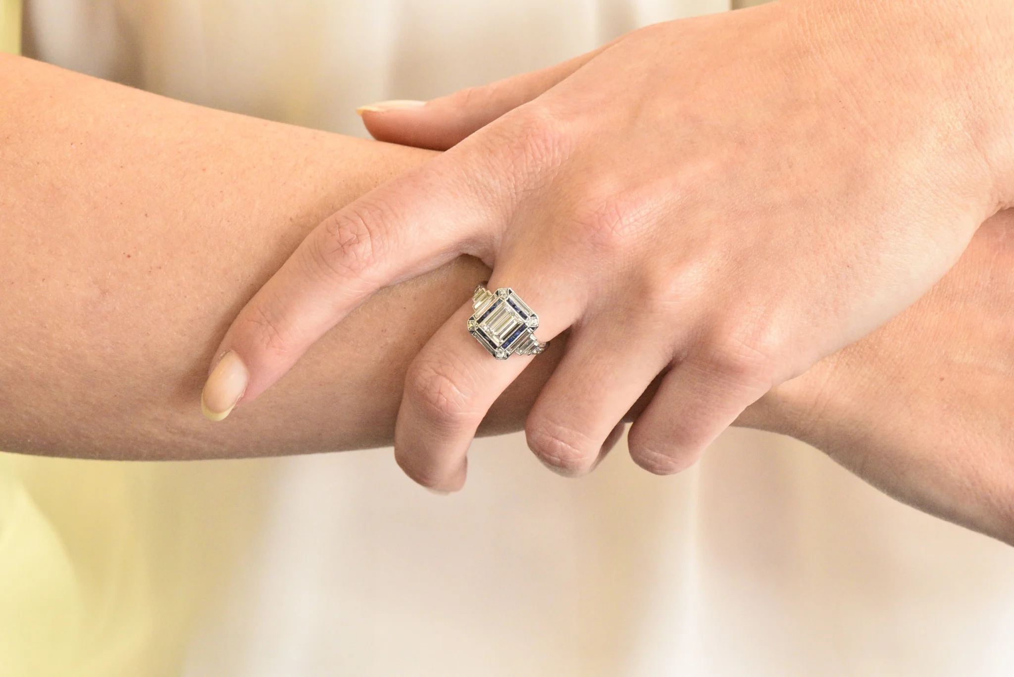 Unique Art Deco 2.90 CTW Diamond Sapphire Platinum Engagement Ring - Image 9