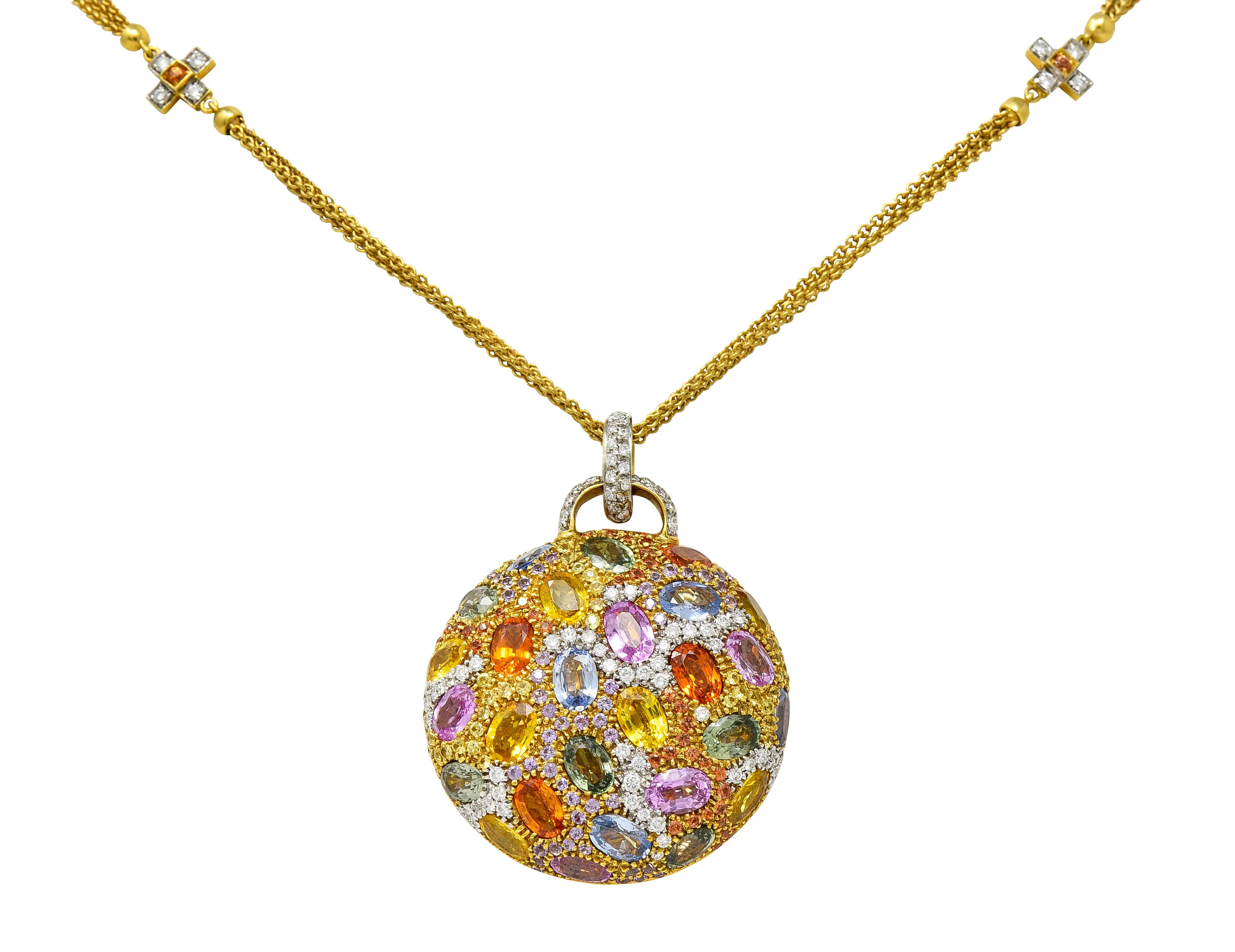 Valente Italian 22.00 CTW Multi-Sapphire Diamond 18 Karat Gold Pave Pendant Necklace