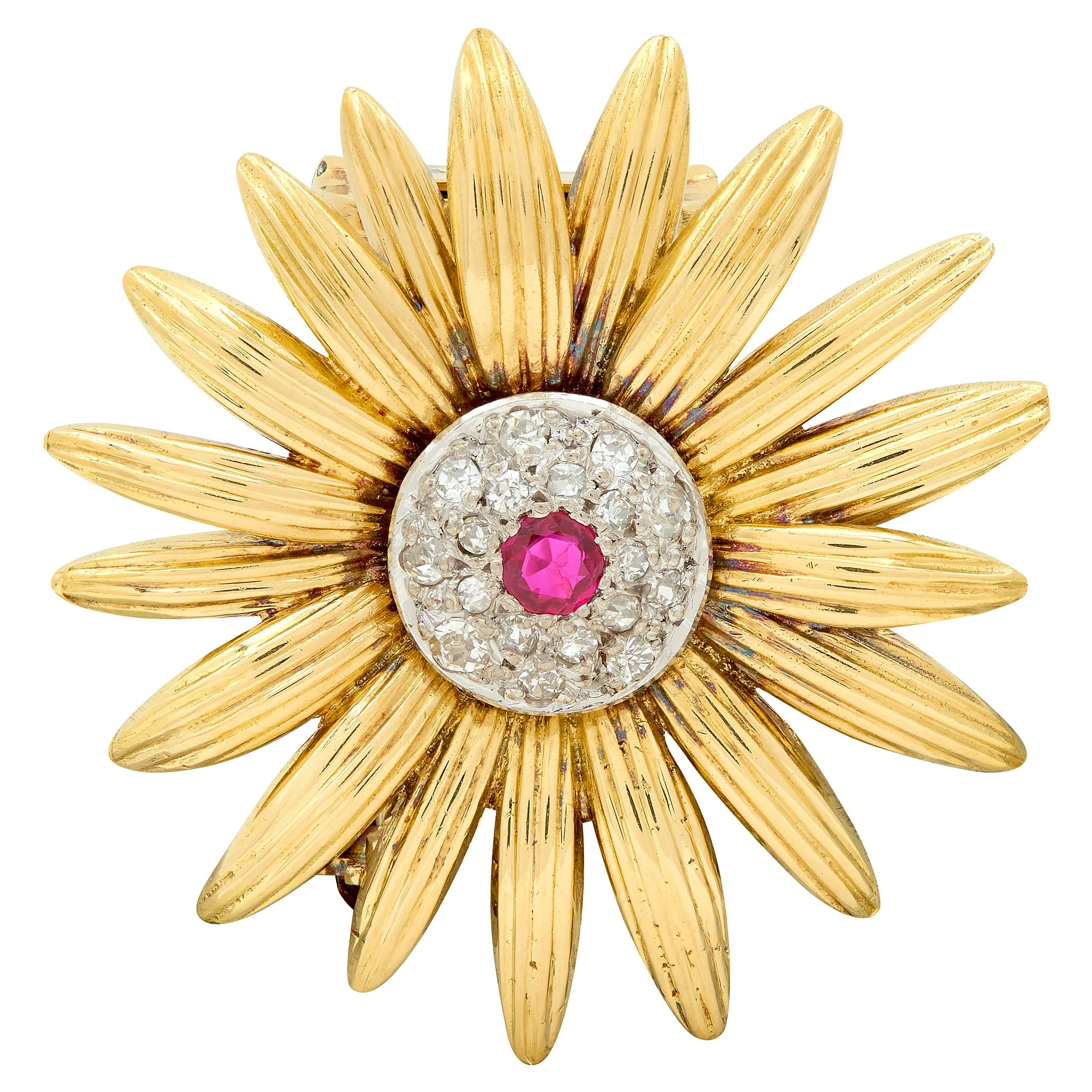 Van Cleef & Arpels 1950's Diamond Ruby Platinum 18 Karat Gold Vintage Flower Brooch