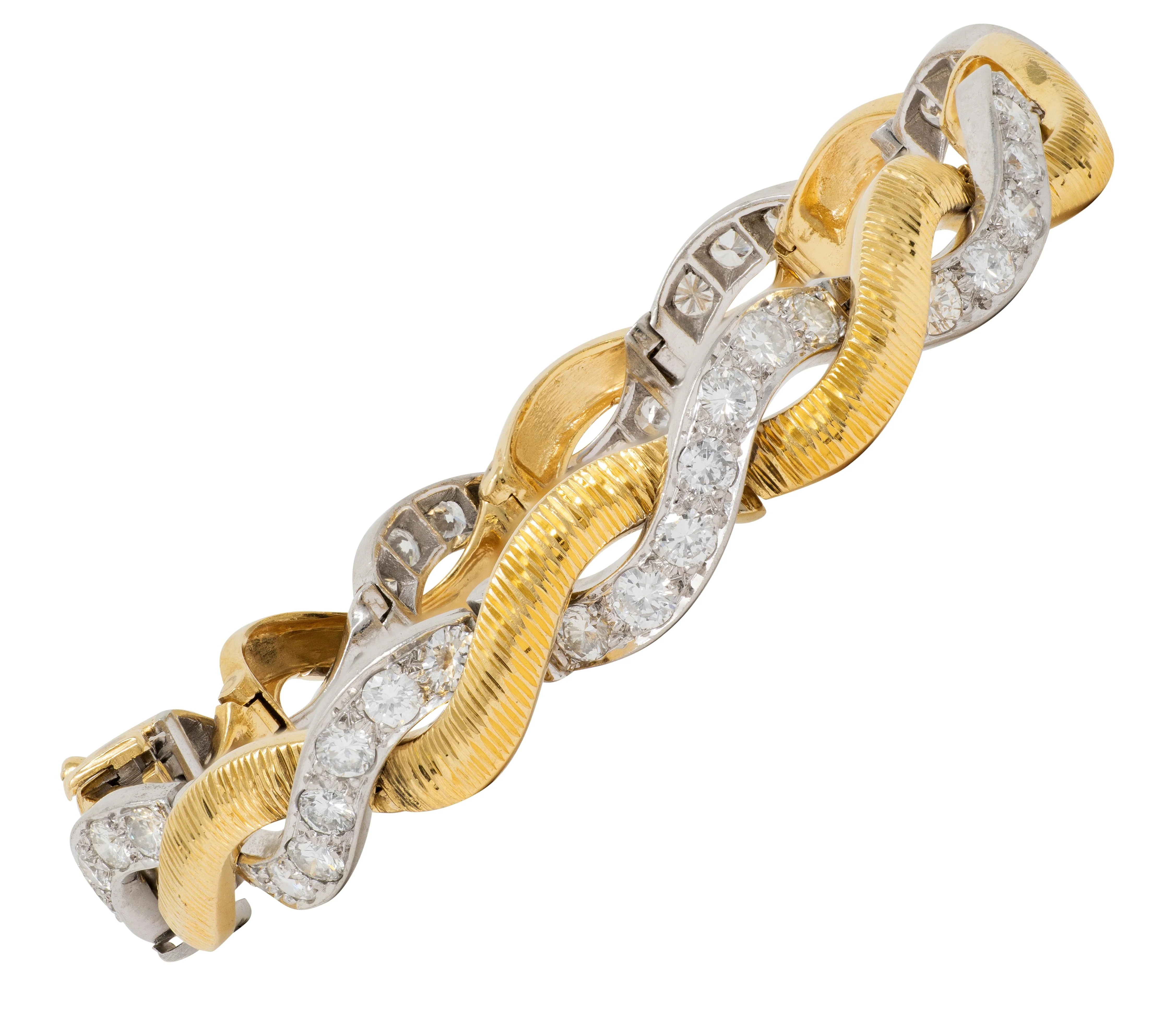 Van Cleef & Arpels 1960's Diamond 18 Karat Yellow Gold Platinum Vintage Twist Bracelet