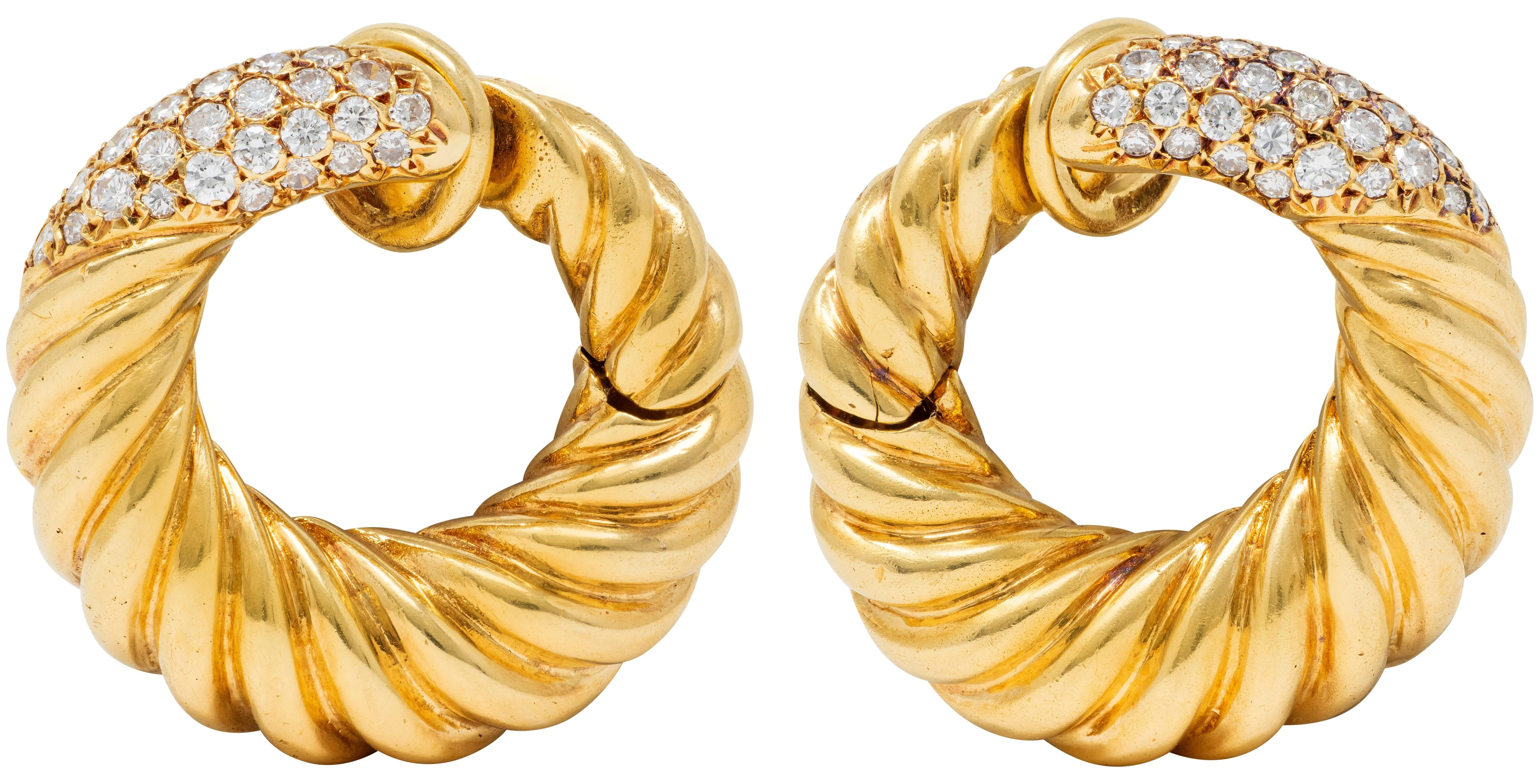 Van Cleef & Arpels 1977 French Diamond 18 Karat Yellow Gold Vintage Twist Hoop Ear-Clip Earrings