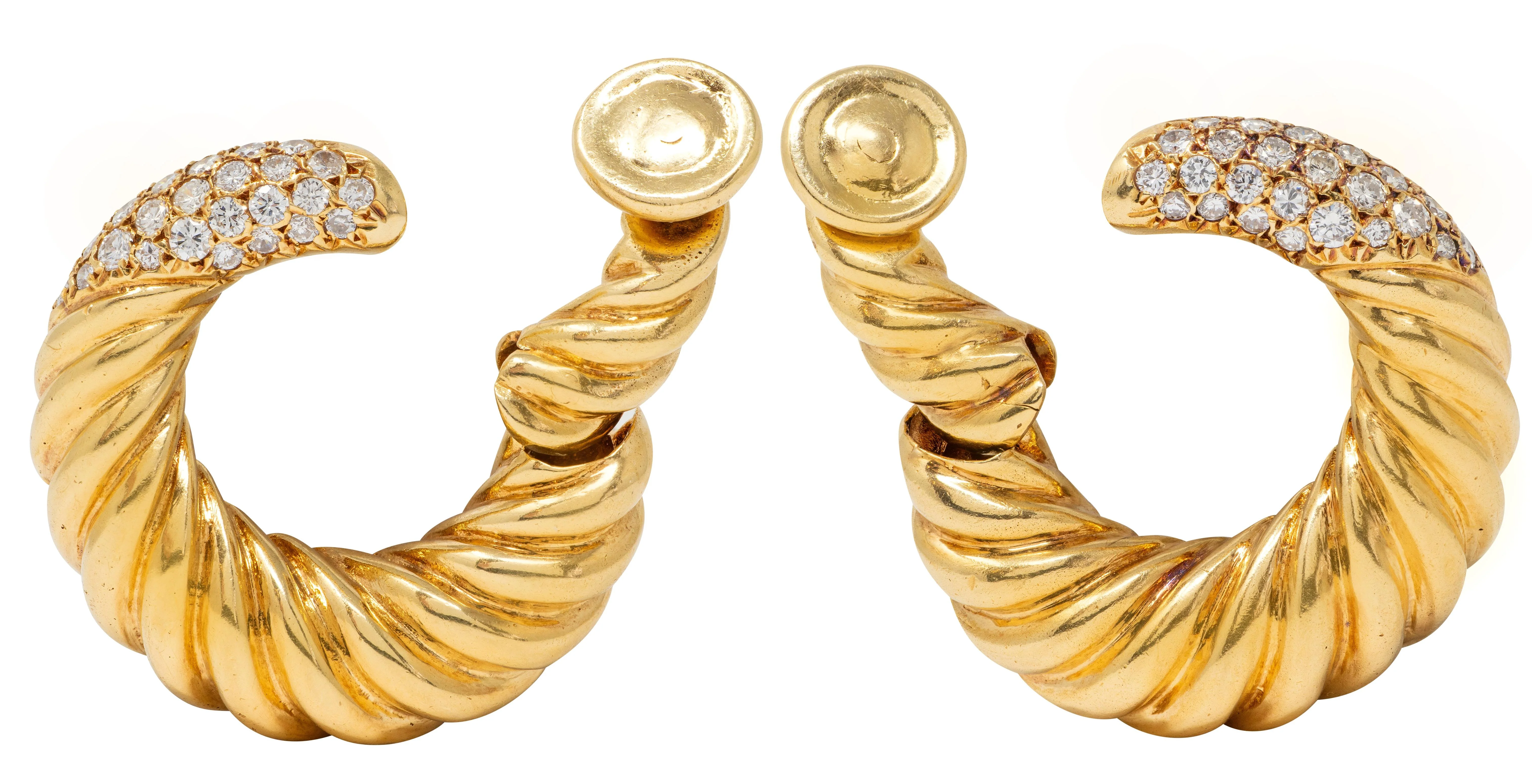 Van Cleef & Arpels 1977 French Diamond 18 Karat Yellow Gold Vintage Twist Hoop Ear-Clip Earrings - Image 3