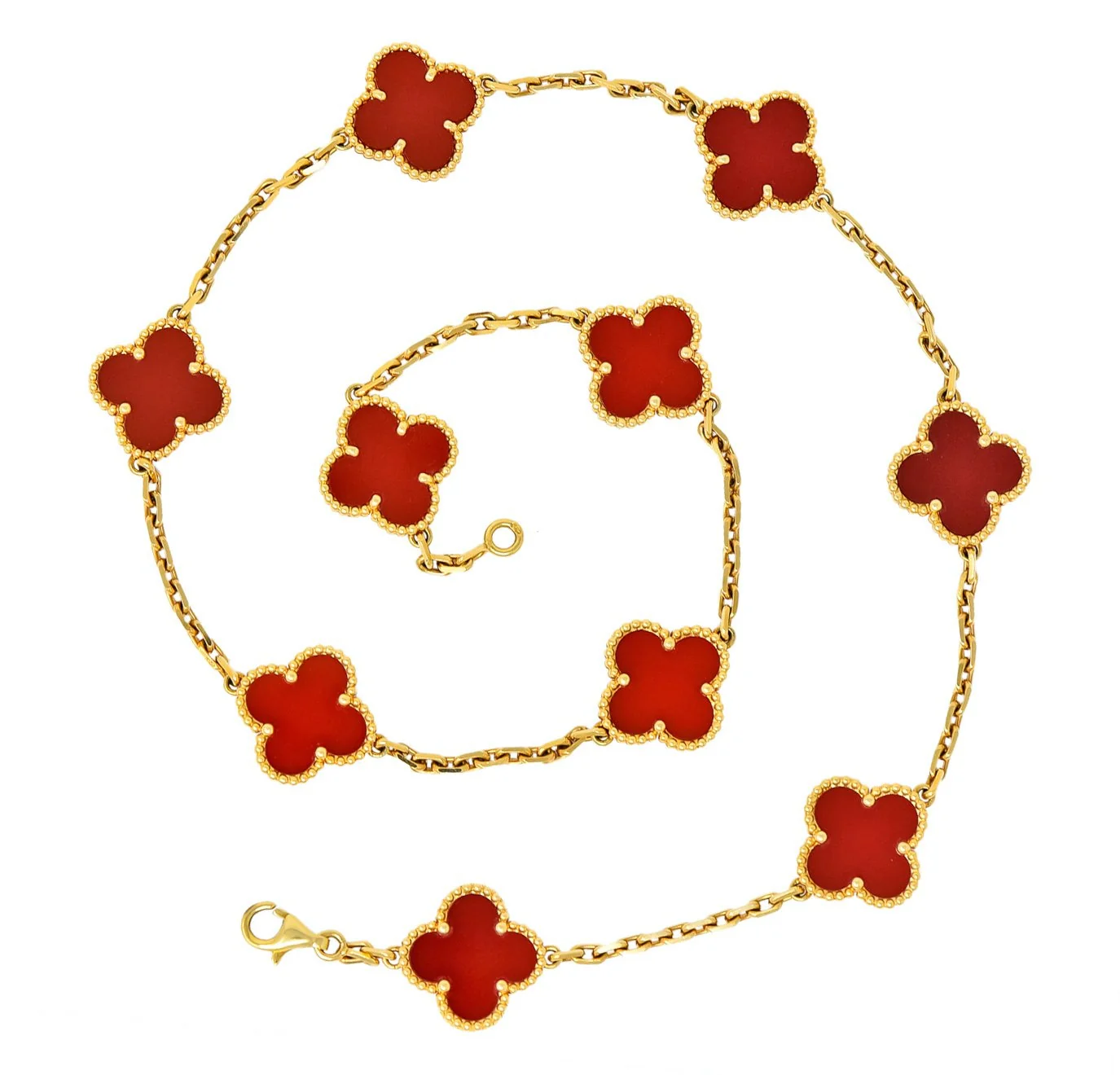 Van Cleef & Arpels Carnelian 18 Karat Yellow Gold Vintage Alhambra Necklace - Image 10