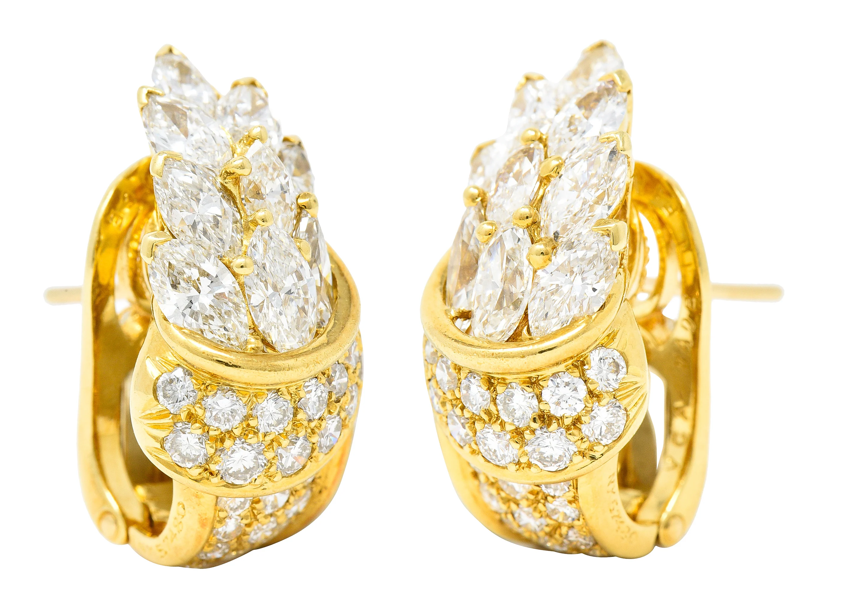 Van Cleef & Arpels French 5.26 CTW Marquise Cut Diamond 18 Karat Yellow Gold Toundra Bouquet Vintage J-Hoop Earrings - Image 12