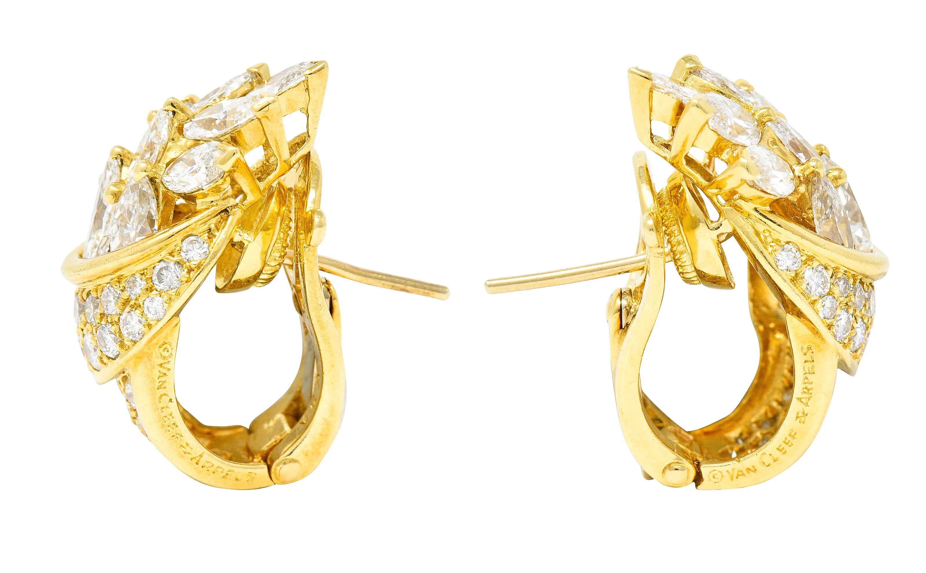 Van Cleef & Arpels French 5.26 CTW Marquise Cut Diamond 18 Karat Yellow Gold Toundra Bouquet Vintage J-Hoop Earrings - Image 3