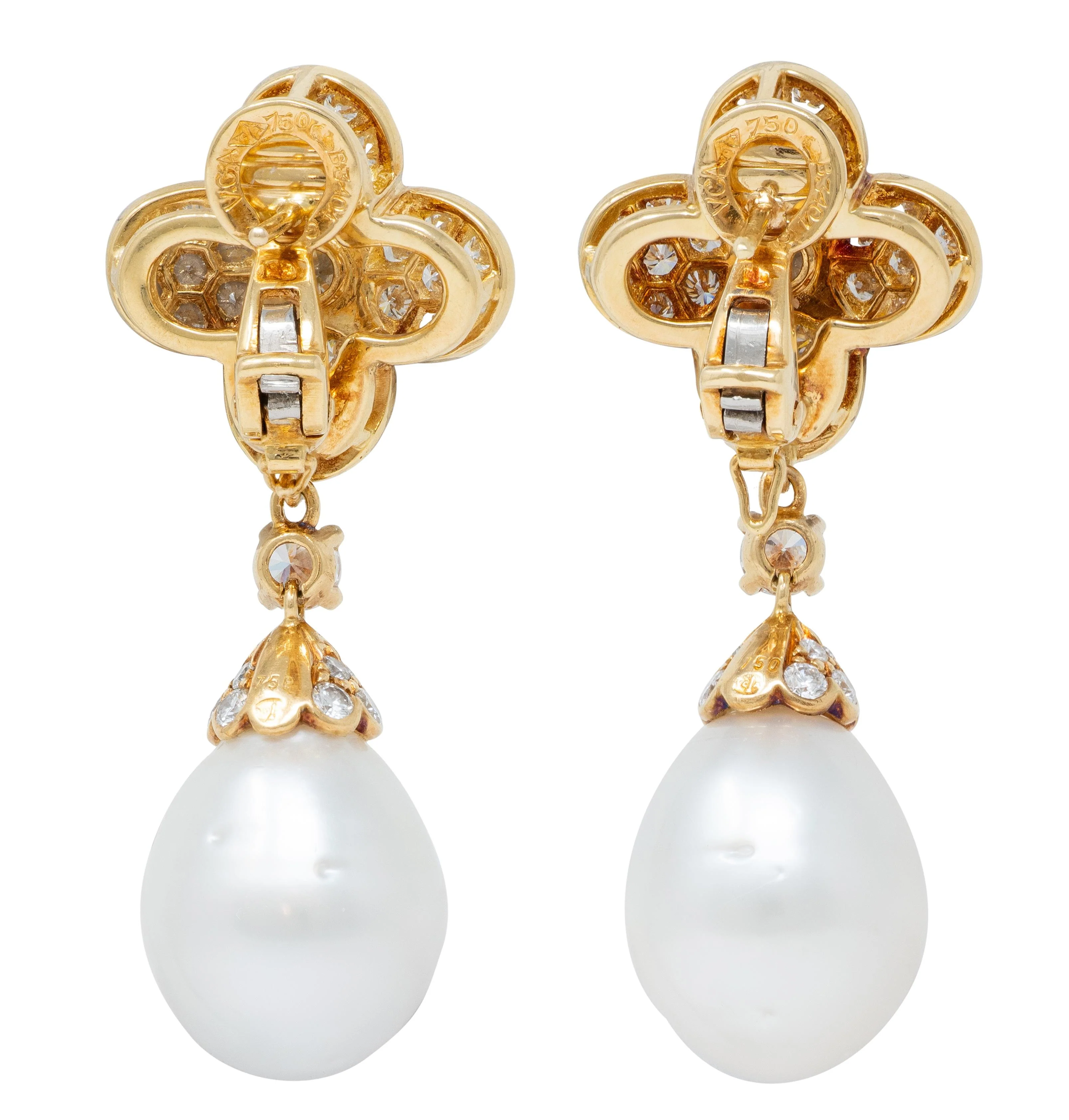 Van Cleef & Arpels French Diamond Pearl 18 Karat Yellow Gold Vintage Alhambra Day-To-Night Earrings - Image 5