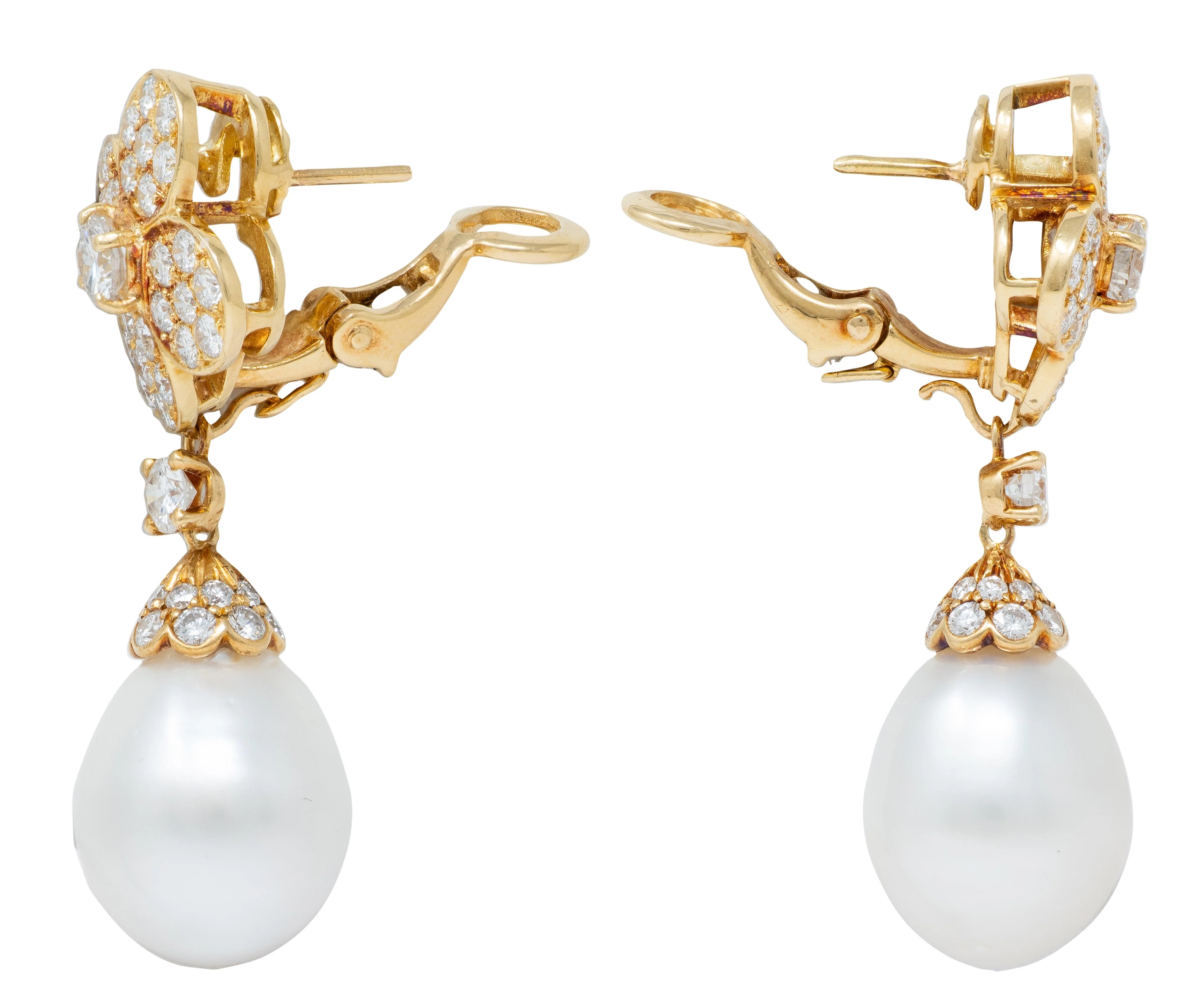 Van Cleef & Arpels French Diamond Pearl 18 Karat Yellow Gold Vintage Alhambra Day-To-Night Earrings - Image 9