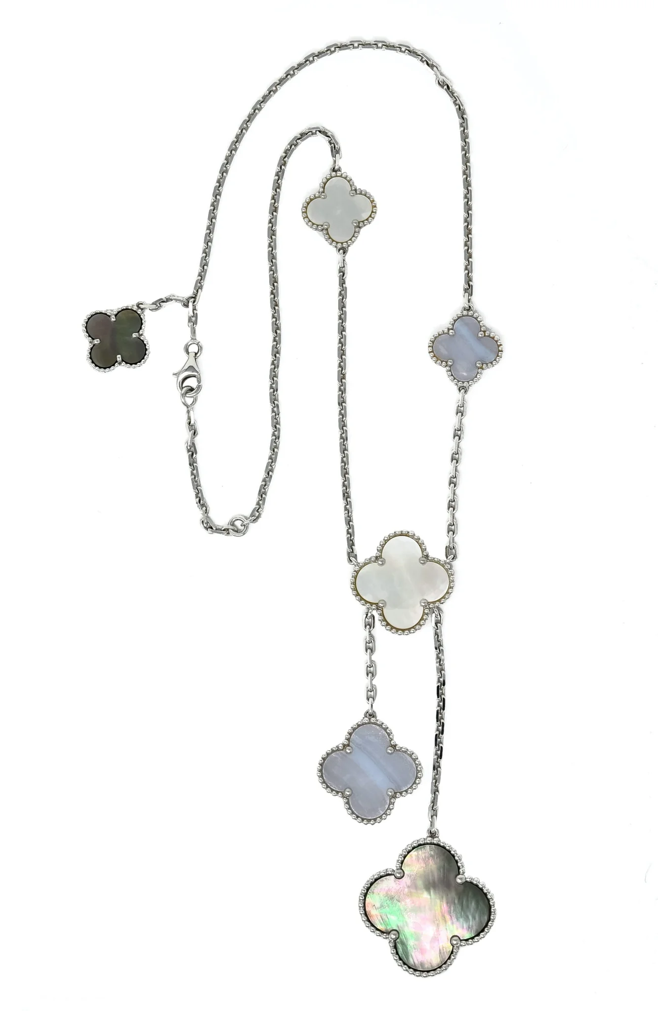 Van Cleef & Arpels Mother of Pearl 18 Karat White Gold 6 Motif Alhambra Magic Necklace - Image 14