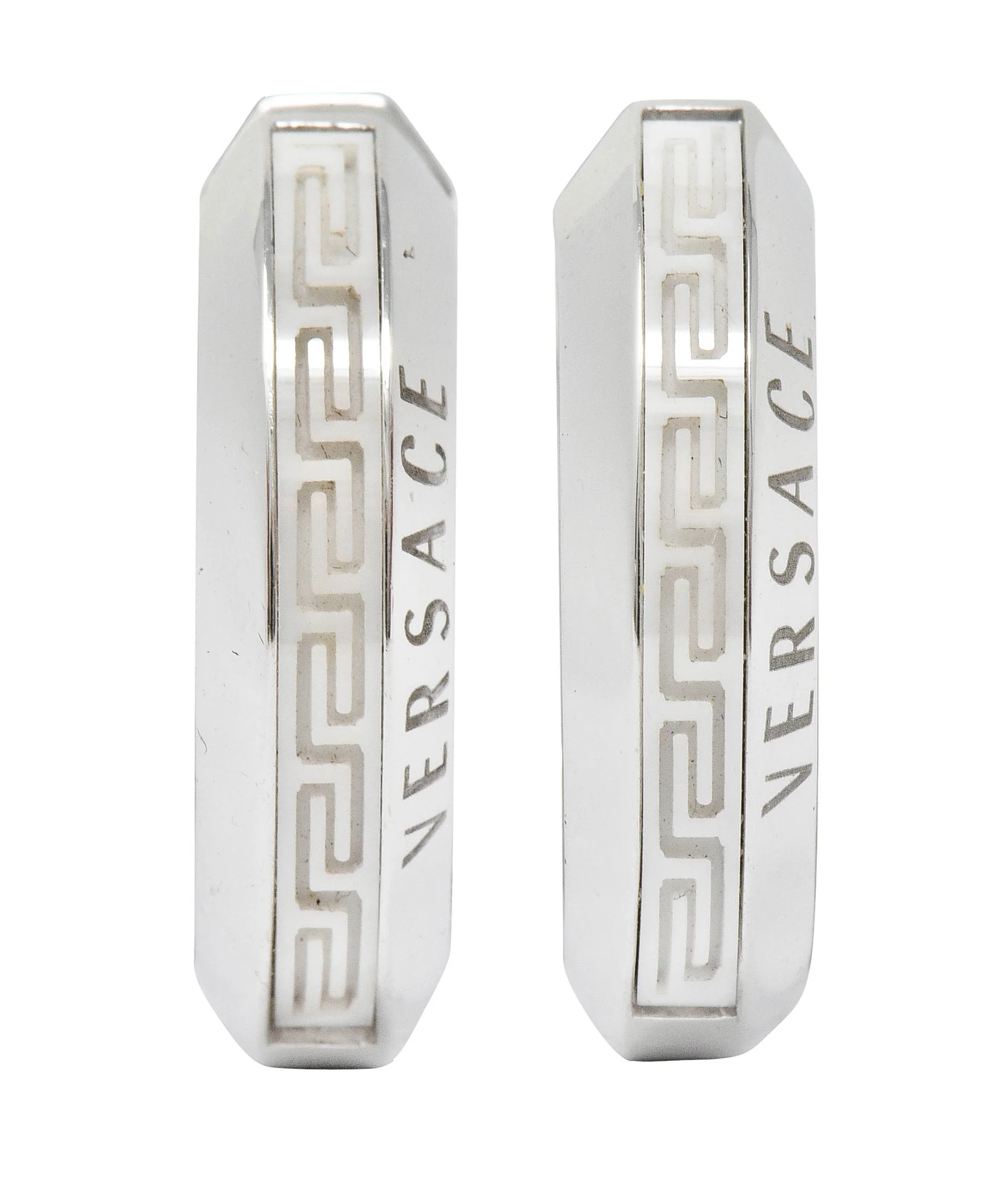 Versace Hardstone 18 Karat White Gold Greek Key Contemporary Hoop Earrings