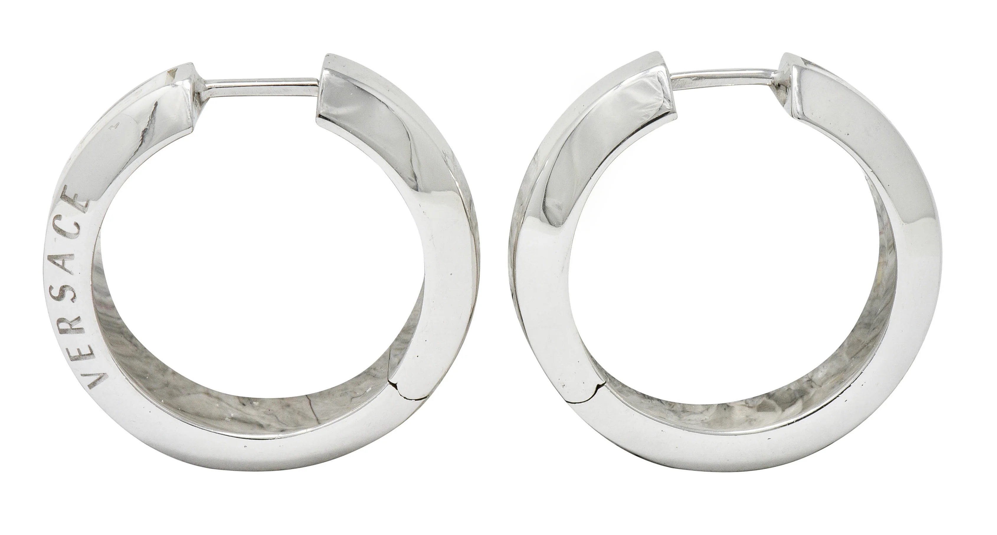 Versace Hardstone 18 Karat White Gold Greek Key Contemporary Hoop Earrings - Image 2