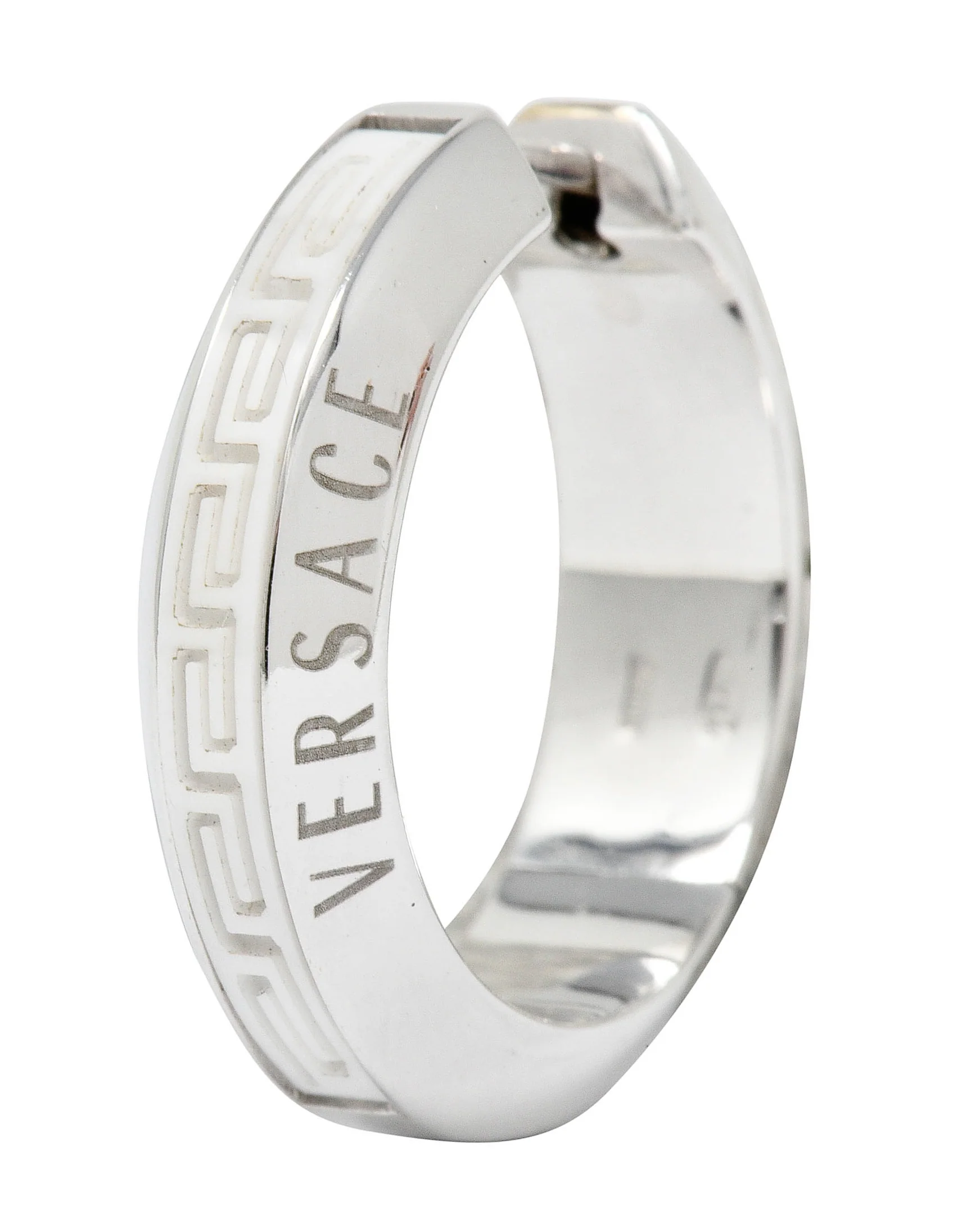 Versace Hardstone 18 Karat White Gold Greek Key Contemporary Hoop Earrings - Image 3