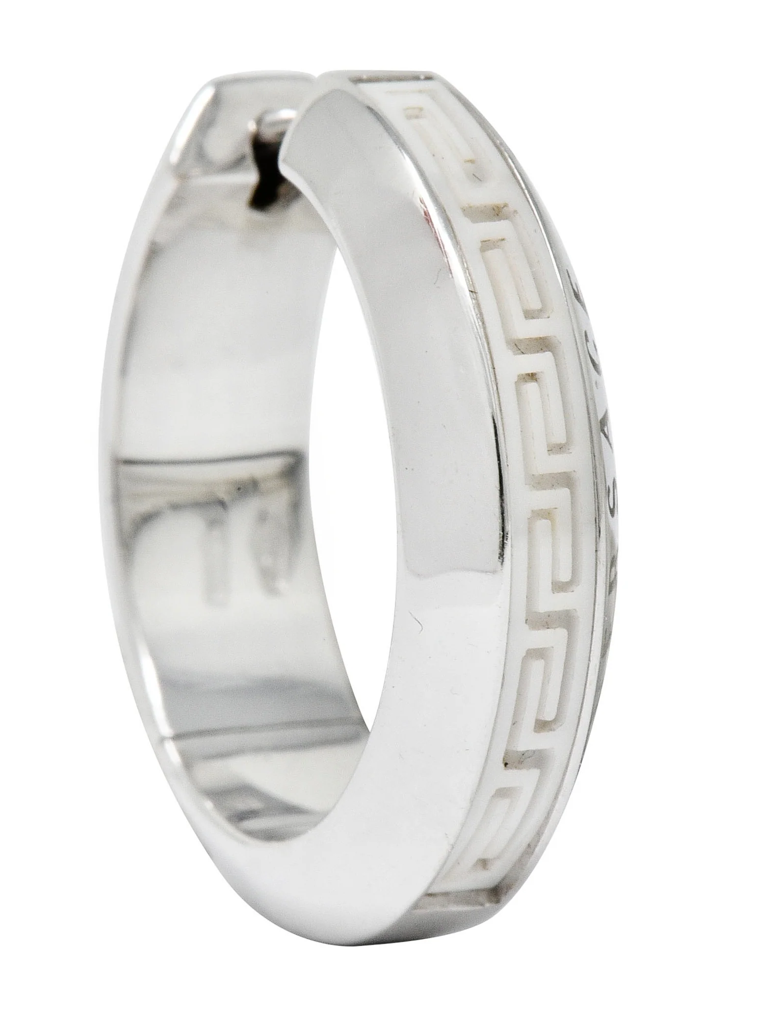 Versace Hardstone 18 Karat White Gold Greek Key Contemporary Hoop Earrings - Image 4
