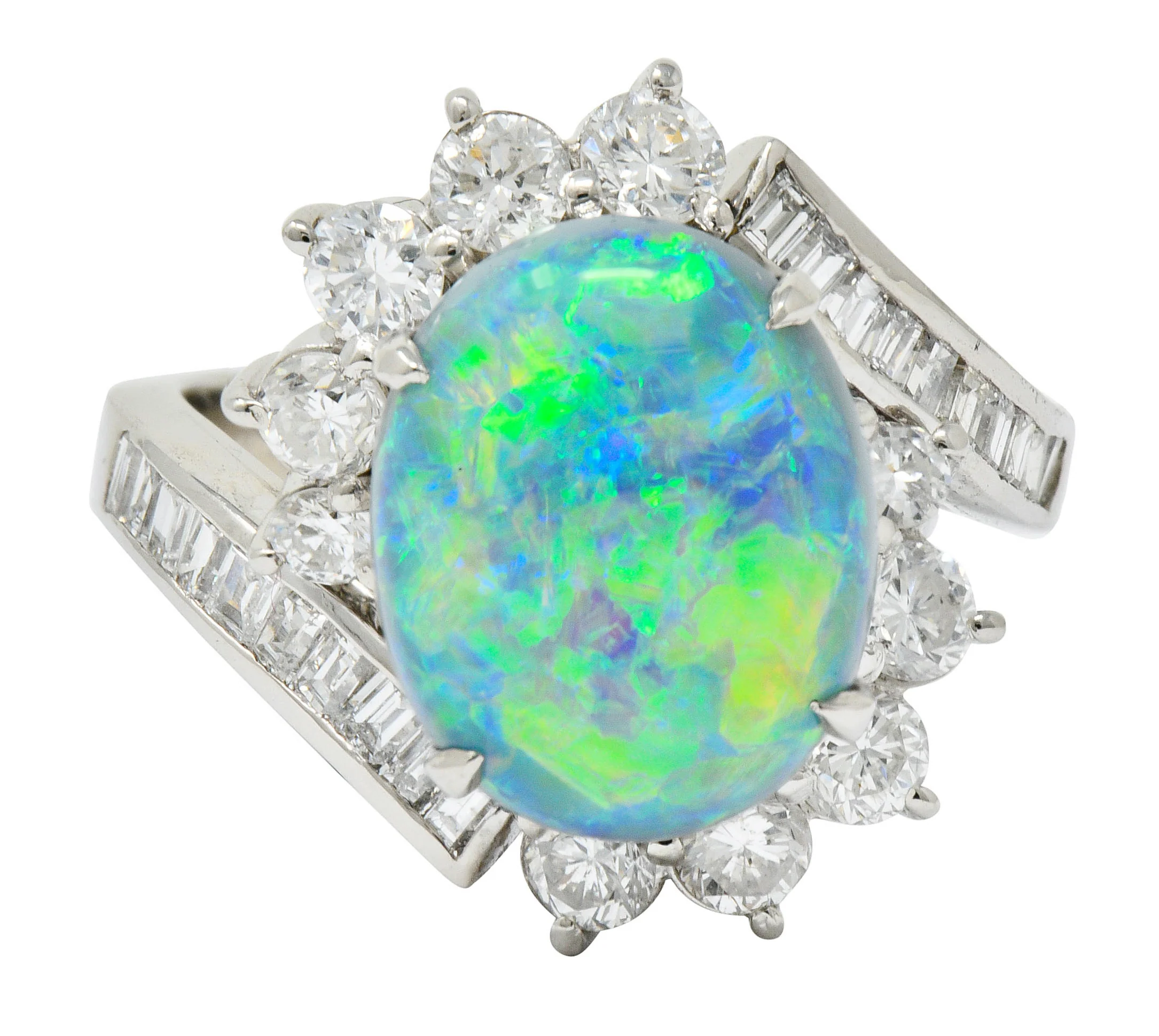 Vibrant Opal Diamond Platinum Cluster Bypass Ring
