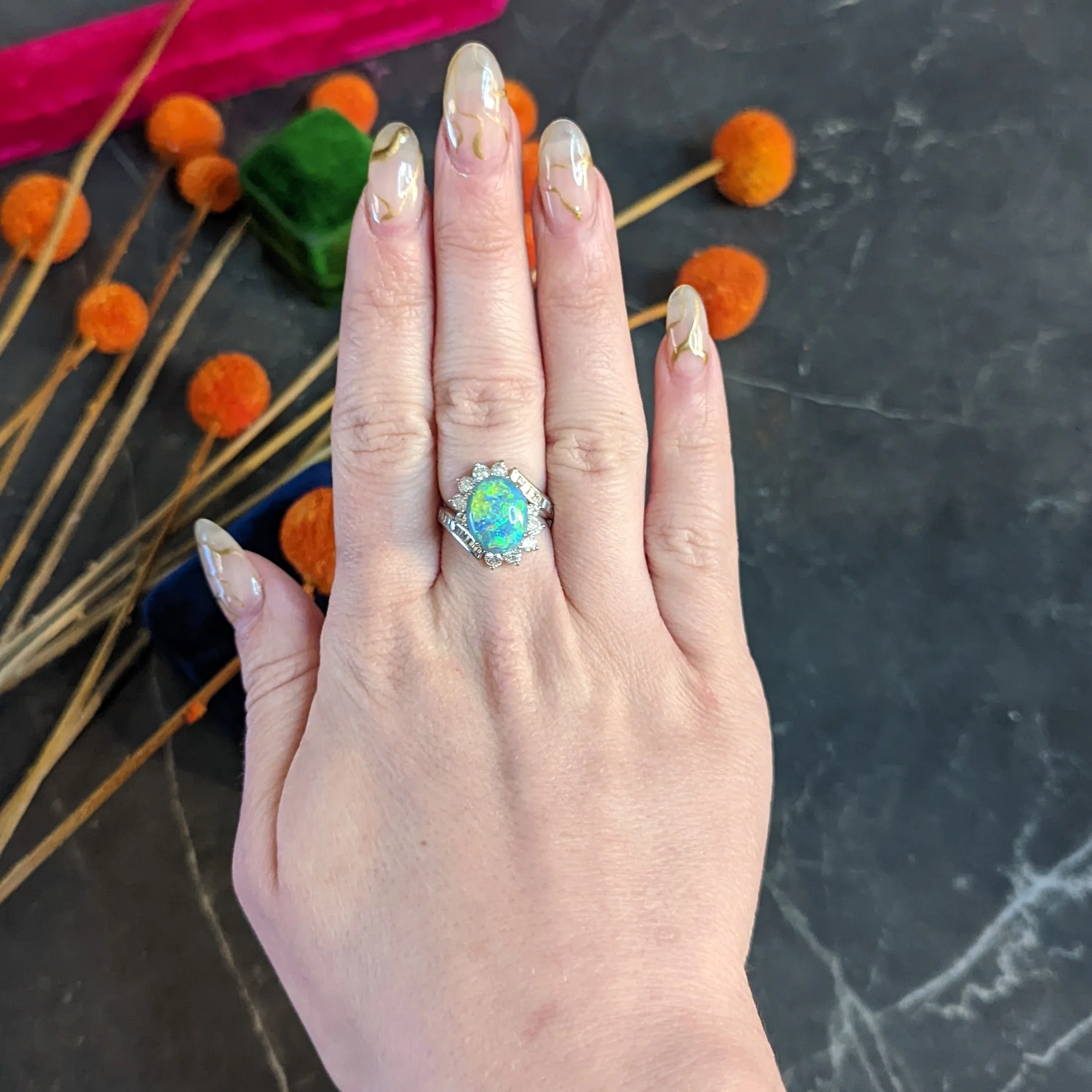 Vibrant Opal Diamond Platinum Cluster Bypass Ring - Image 11