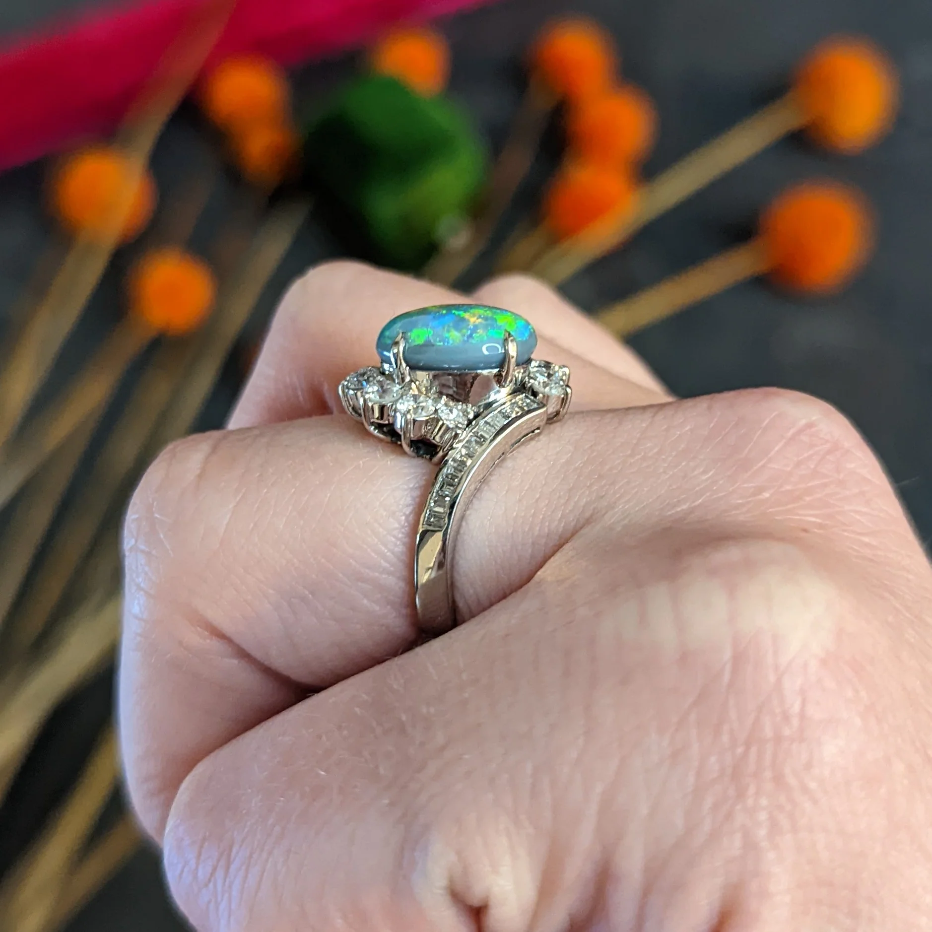 Vibrant Opal Diamond Platinum Cluster Bypass Ring - Image 12