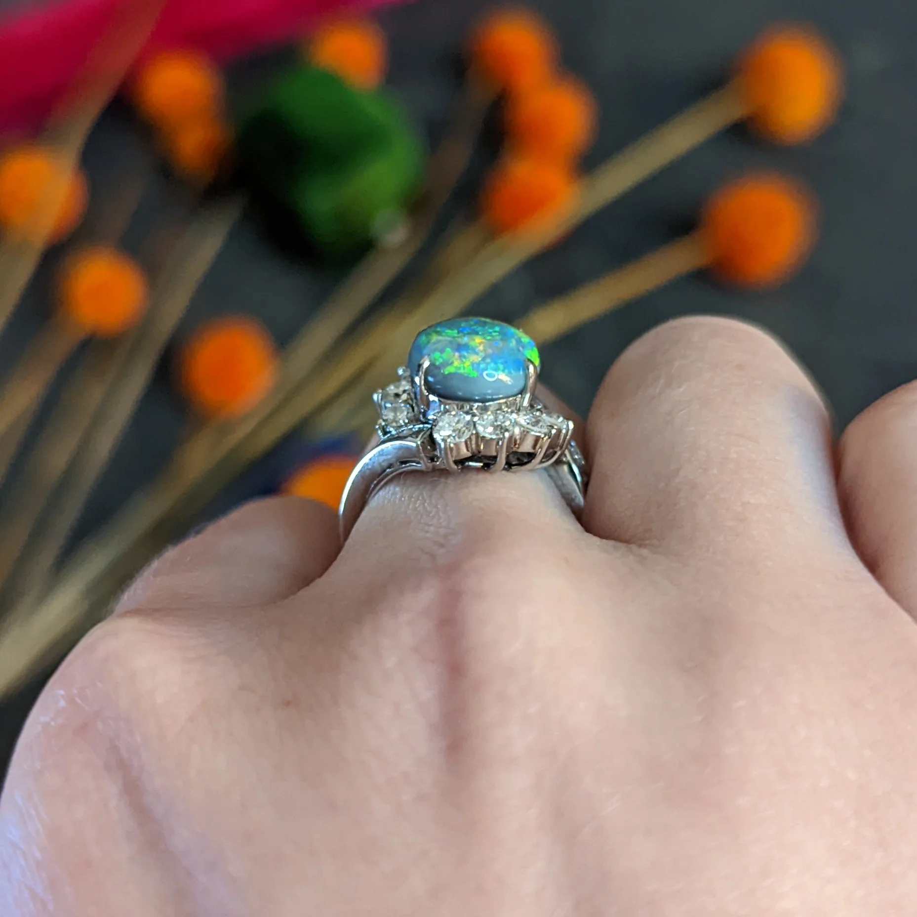 Vibrant Opal Diamond Platinum Cluster Bypass Ring - Image 13