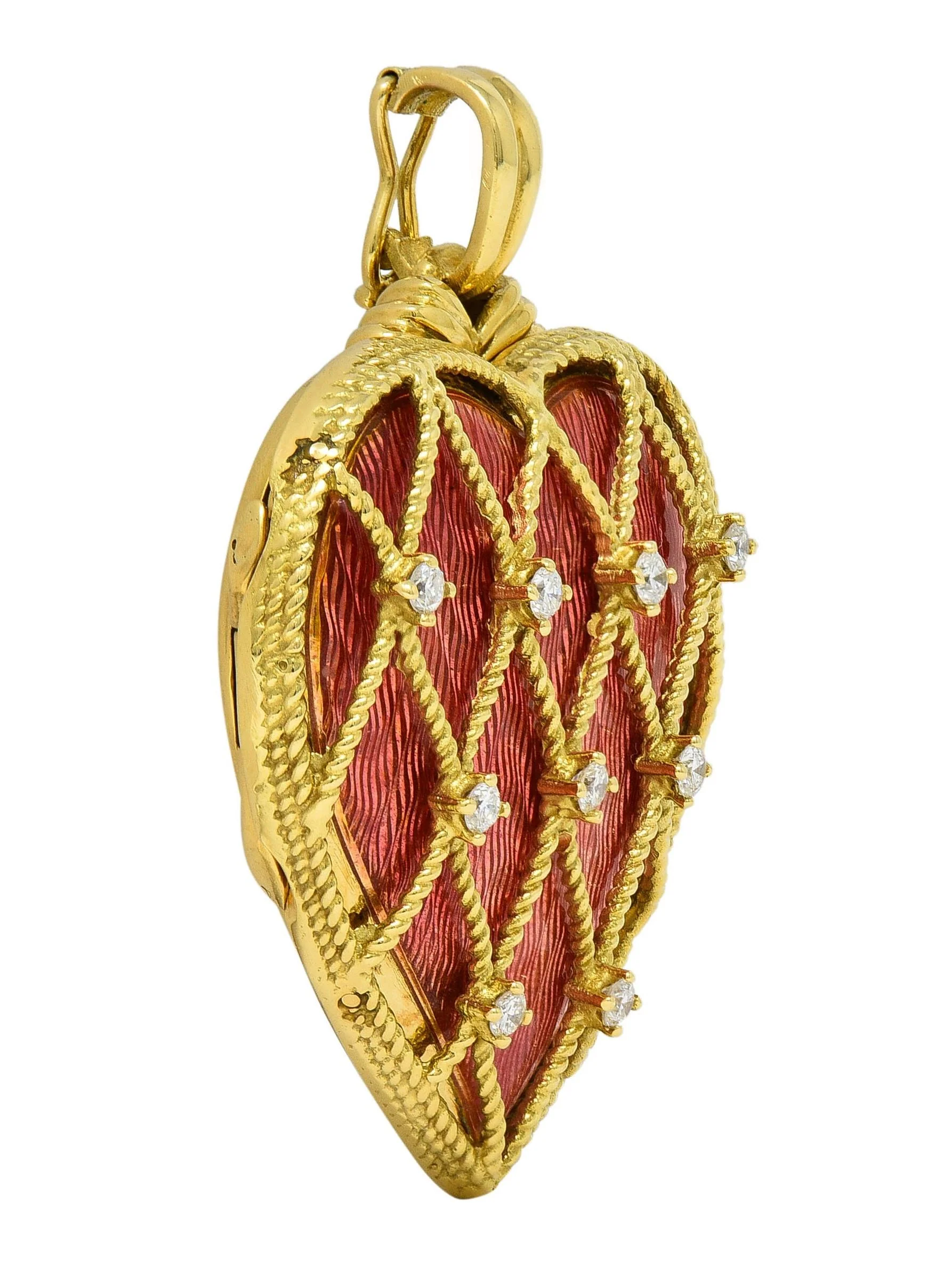 Victor Mayer Diamond Enamel 18 Karat Yellow Gold Vintage Heart Locket Pendant - Image 5