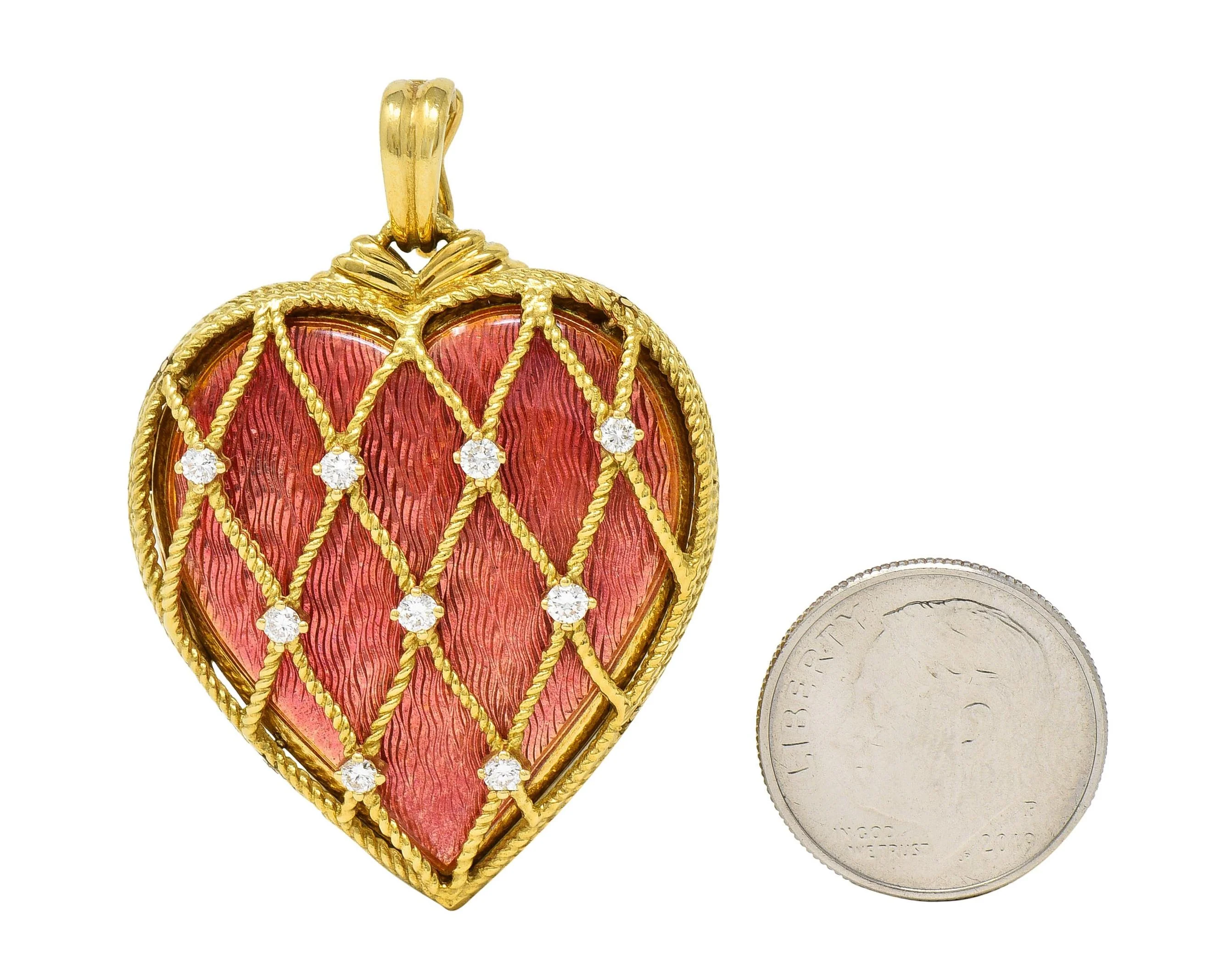 Victor Mayer Diamond Enamel 18 Karat Yellow Gold Vintage Heart Locket Pendant - Image 7