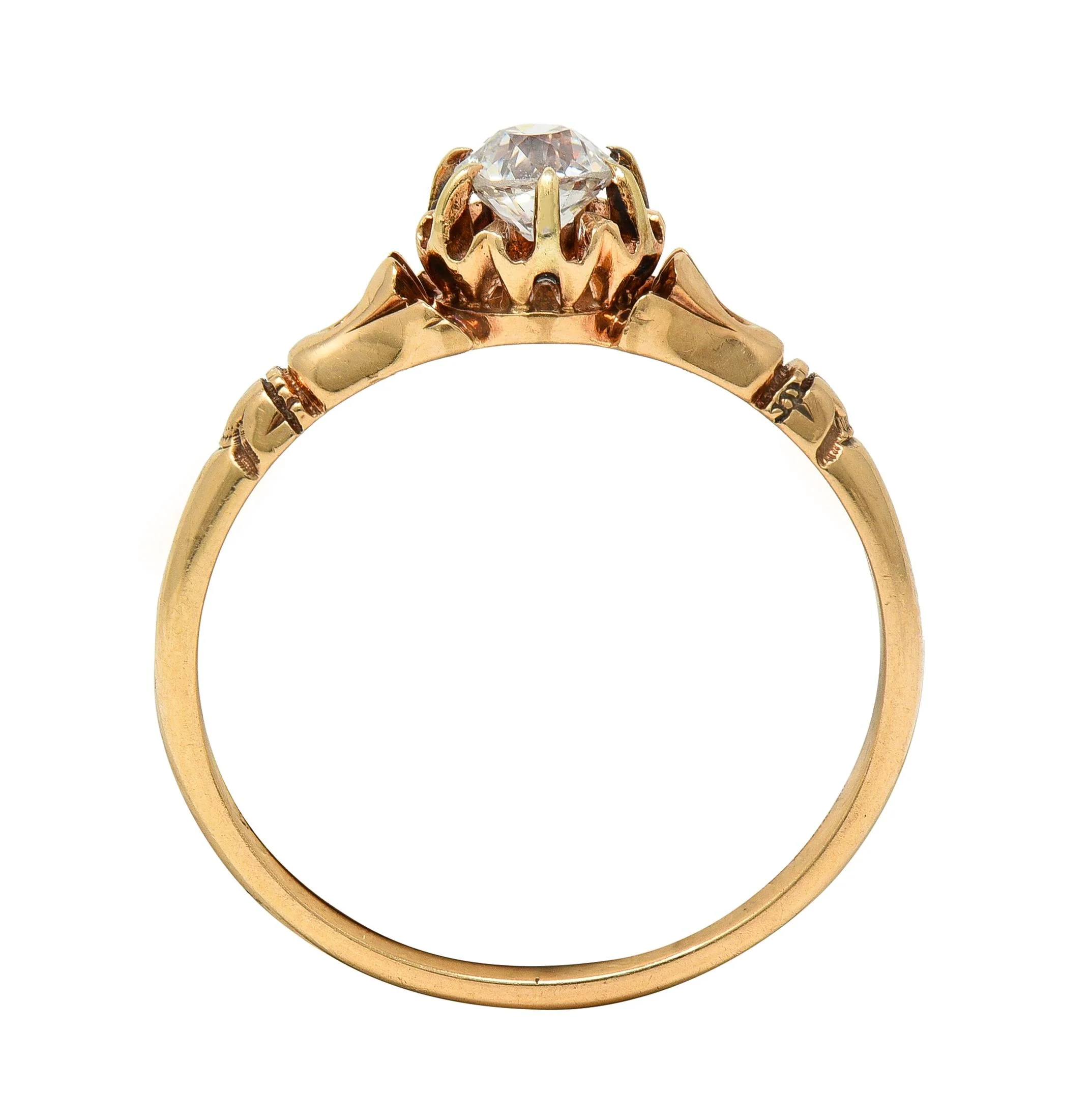 Victorian 0.30 CTW Old Mine Cut Diamond 14 Karat Yellow Gold Foliate Antique Engagement Ring - Image 3