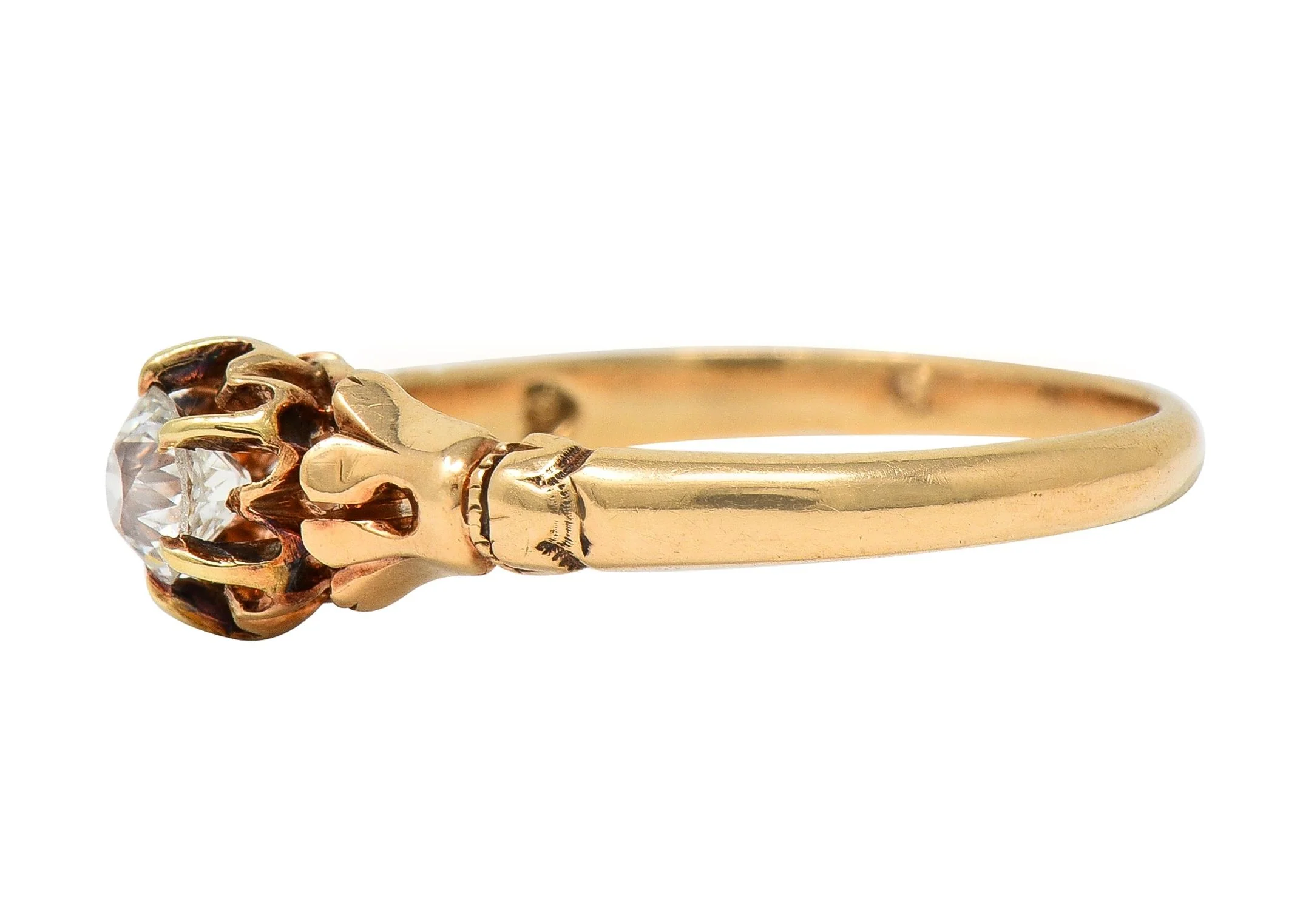 Victorian 0.30 CTW Old Mine Cut Diamond 14 Karat Yellow Gold Foliate Antique Engagement Ring - Image 6