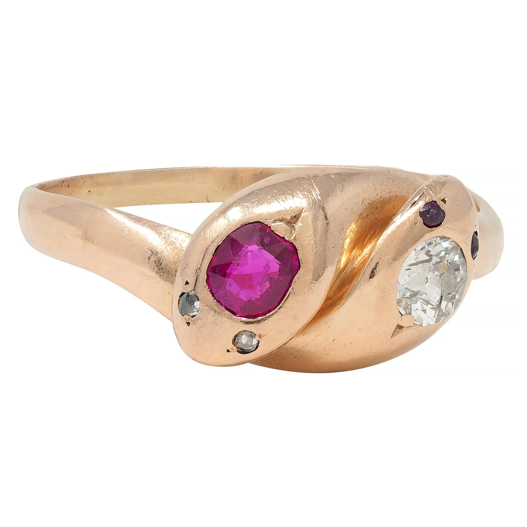 Victorian 0.36 CTW Ruby Diamond 14 Karat Rose Gold Toi-Et-Moi Lovers Knot Snake Band Ring - Image 2